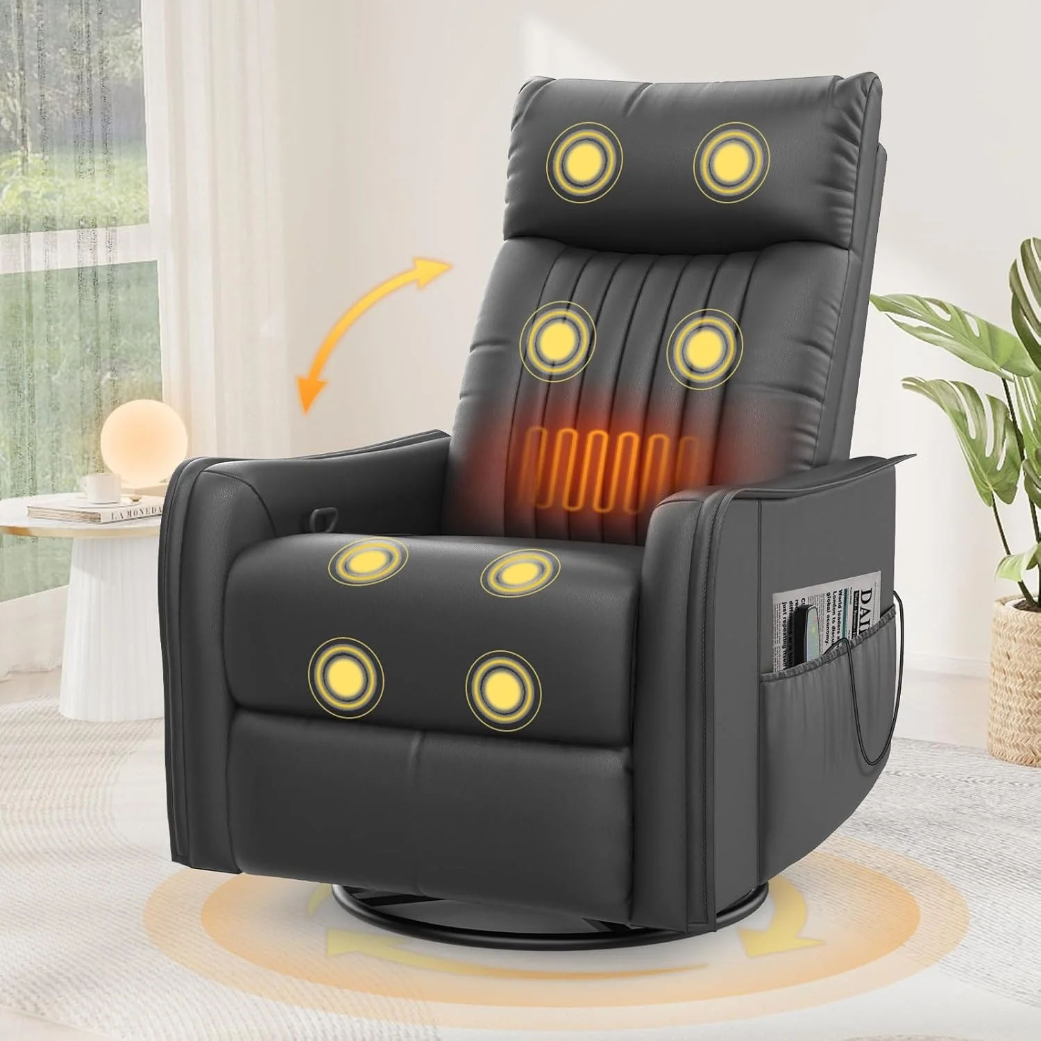 TV armchair with lounge chair, massage chair, relaxation chair with heating and massage, 360° rotating TV armchair, living room, swing chair with soft cushion headrest, 2 side pockets