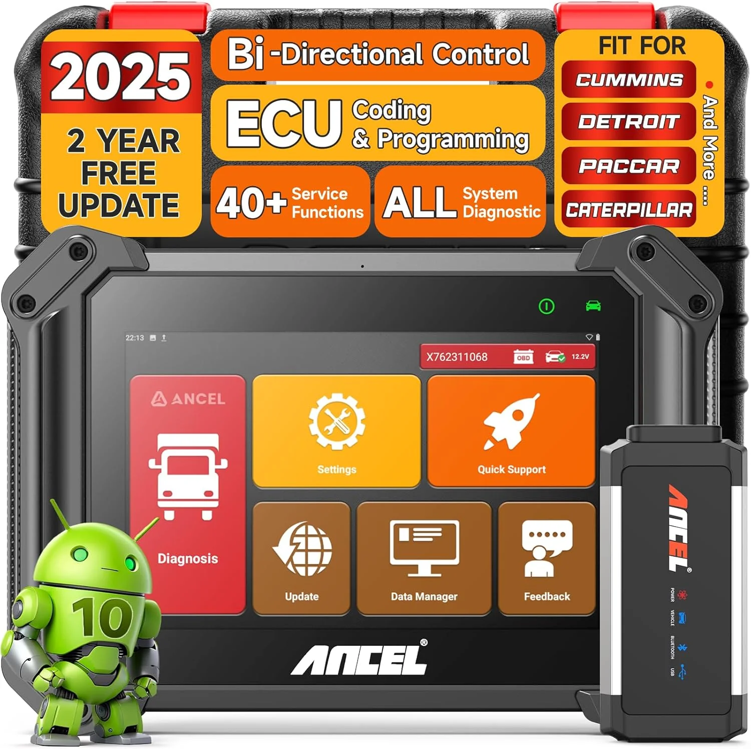 ANCEL V6HD Heavy Duty Truck Scanner, 2024 Diesel Diagnostic Scan Tool with Wide U.S Diesel Truck Compatibility, 40+ Resets, ECU Coding, Free Update, DPF Regen for Cummins, Caterpillar, Paccar, Detroit