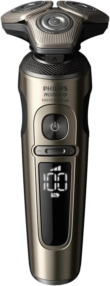 Philips Norelco S9000 Prestige Electric Shaver w/Qi Wireless Charging & Quick Clean Pod for Dry/Wet Use, SenseIQ Tech, Efficient, Fast Charge, One-Touch Open, Premium Case - Champagne Gold