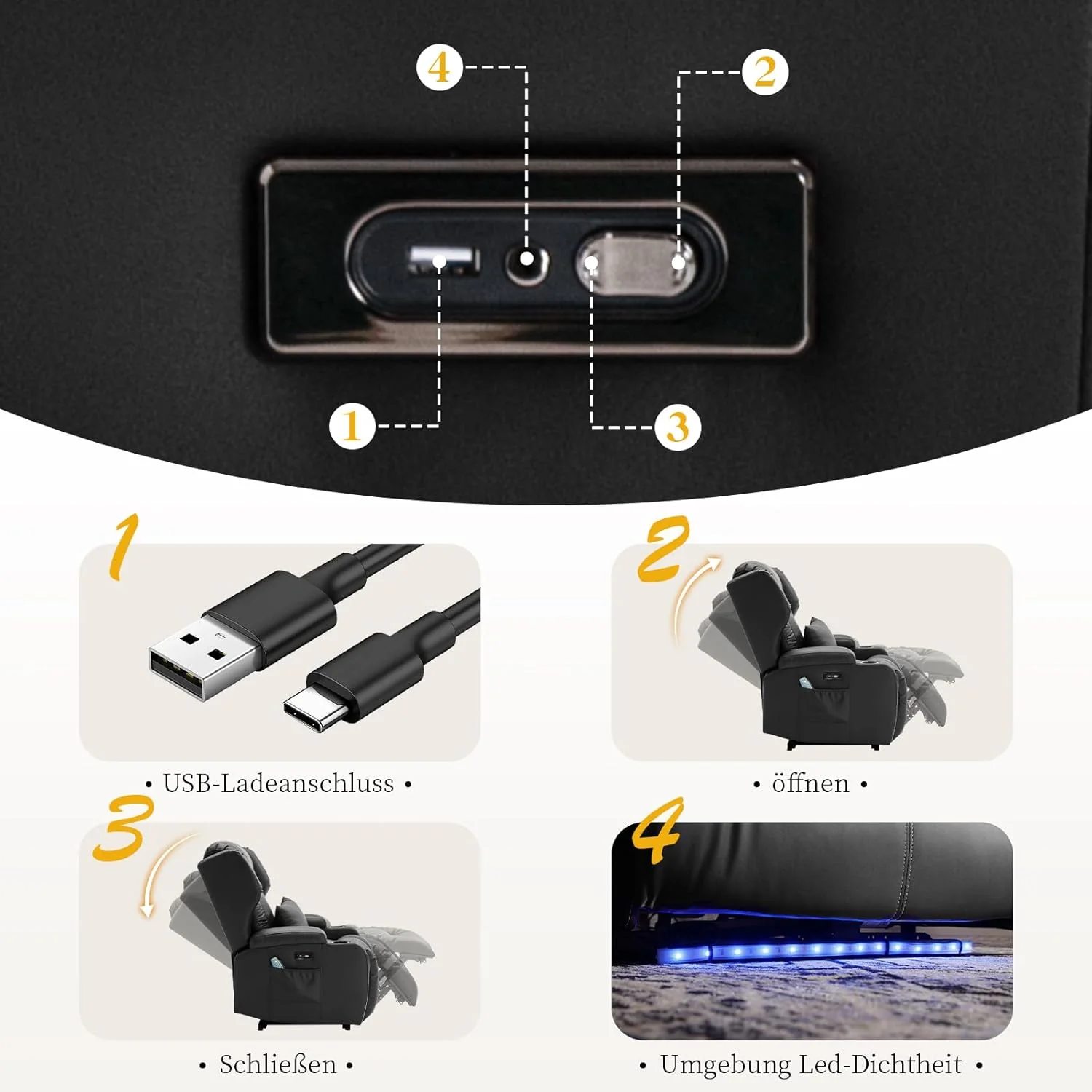 SAMERY relaxation chair, electric massage chair, lounge chair, vibration heating, relaxation chair and lounge chair with LED/USB, cinema armchair, TV armchair, living room bedroom, black 7815