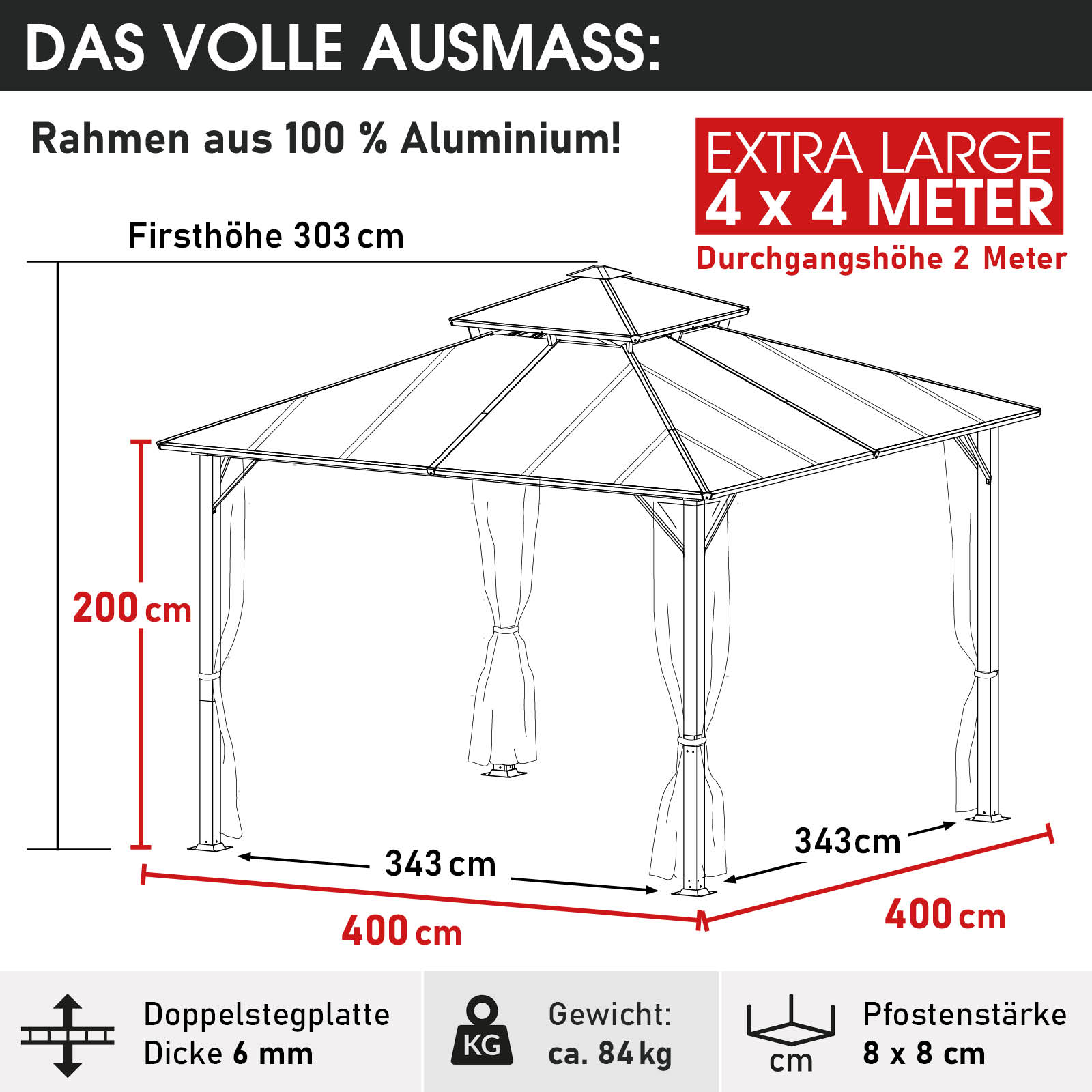 BRAST Alu Pavillon PAGODE 4x4m beige mit Moskitonetz & LED-Beleuchtung