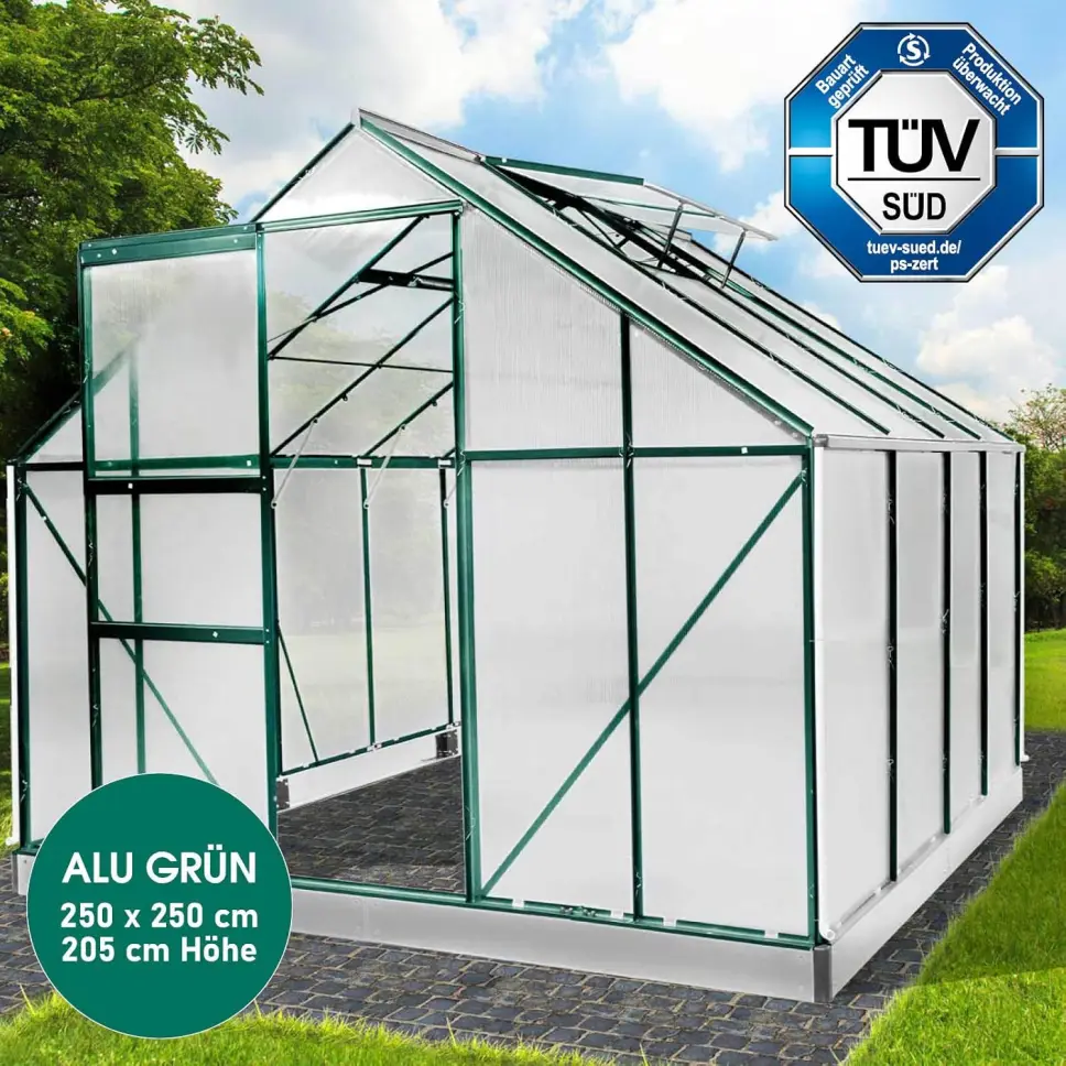 BRAST Aluminium Greenhouse with Base, 250 x 250 x 205 cm, TÜV Tested, 6 mm Hollow Chamber Panels Rustproof, Weatherproof, Temperature-Resistant