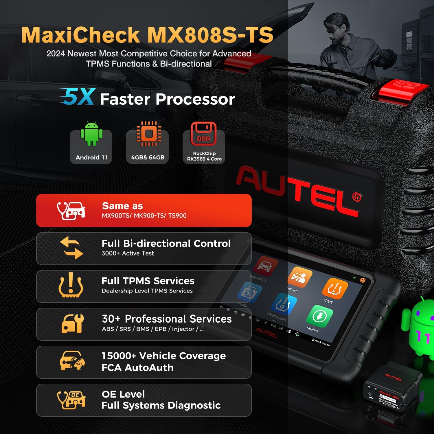 Autel MaxiCheck MX808S-TS Scanner: 2025 Same as MX900-TS TS900, US Ver. of MaxiCOM MK808S-TS MK808Z-TS Upgrade of MK808S MK808Z, Top TPMS Programming Tool, 3000+ Active Test, 28+ Service, 11 OS, FCA