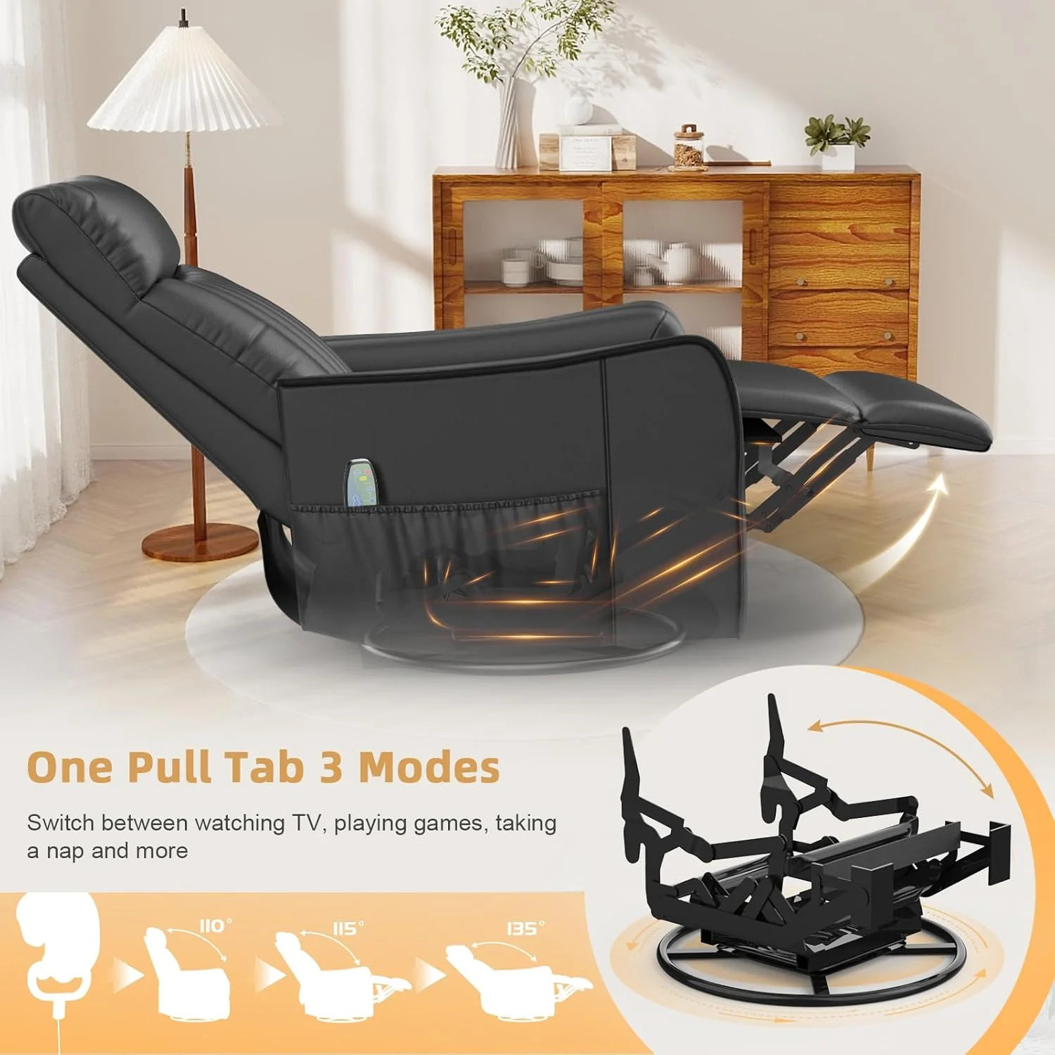 TV armchair with lounge chair, massage chair, relaxation chair with heating and massage, 360° rotating TV armchair, living room, swing chair with soft cushion headrest, 2 side pockets