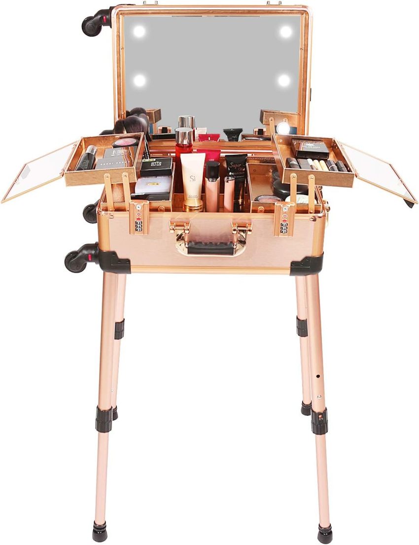 Medium Makeup Train Case with Code Lock, Lighted Mirror