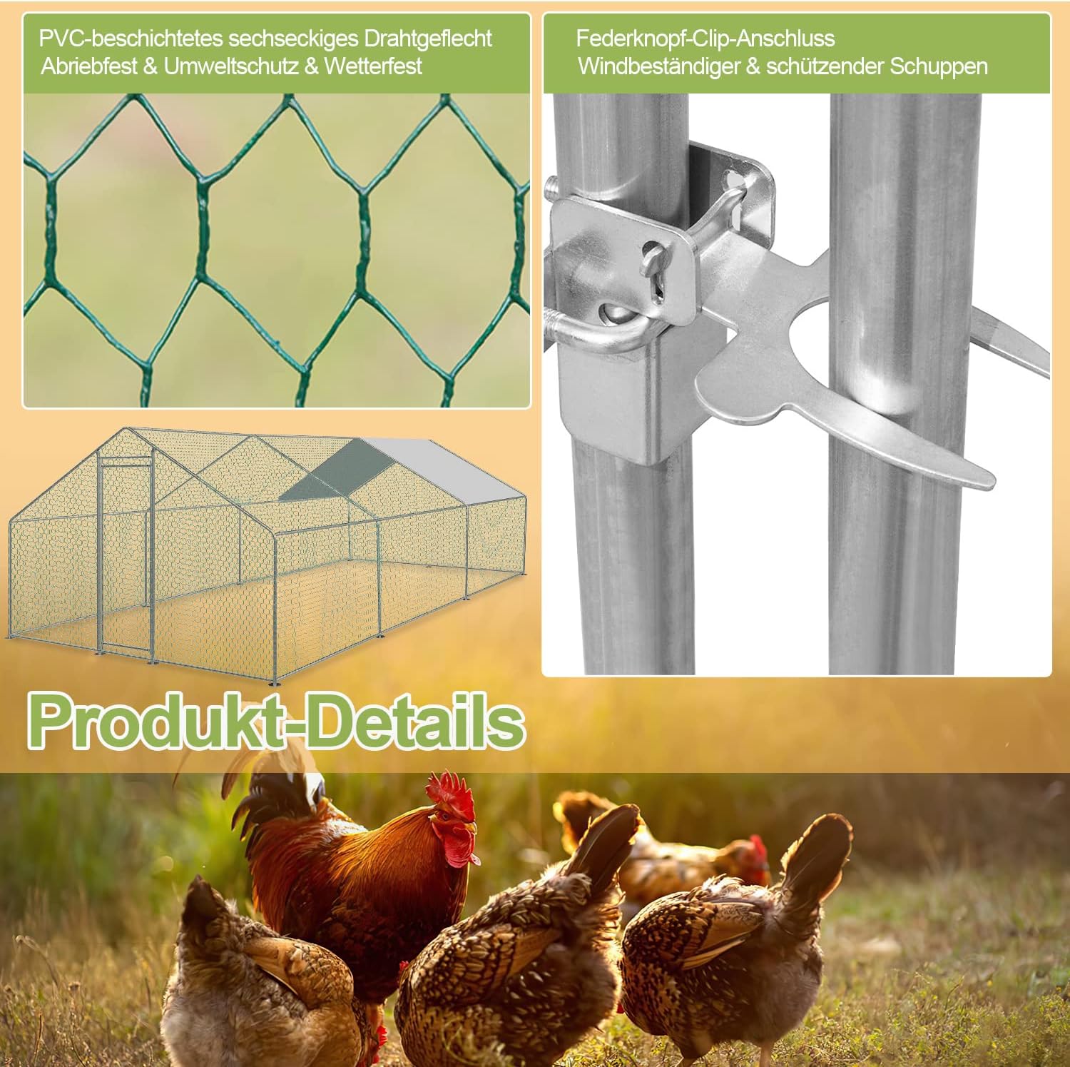 Sonnewelt Freilaufgehege 3x6x2m Hühnerstall Verzinkter Stahl Kleintierstall Hühnerhaus Dach Geflügelstall mit Sonnenschutzdach und Tür für Haustierkäfig Hühnerkäfig Vogelkäfig Kleintiere Pflanzen