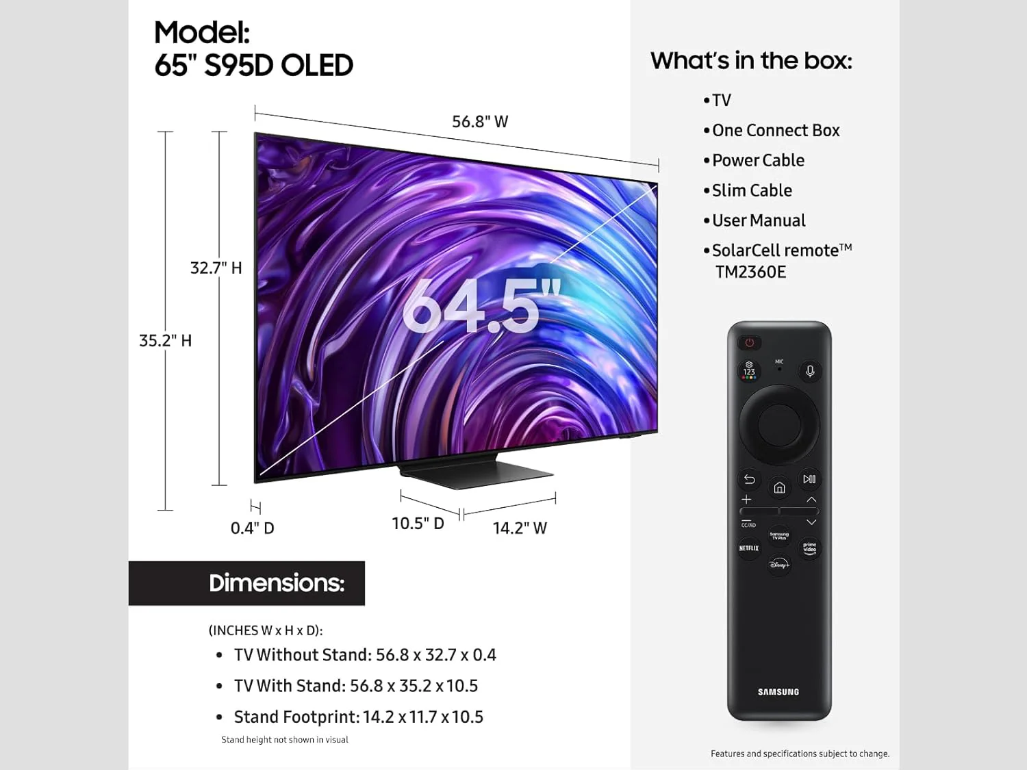 Samsung 65-Inch Class OLED 4K S95D Series HDR Pro Smart TV w/Dolby Atmos, Object Tracking Sound+, Motion Xcelerator, Real Depth Enhancer, 4K AI Upscaling, Alexa Built-in (QN65S95D, 2024 Model)