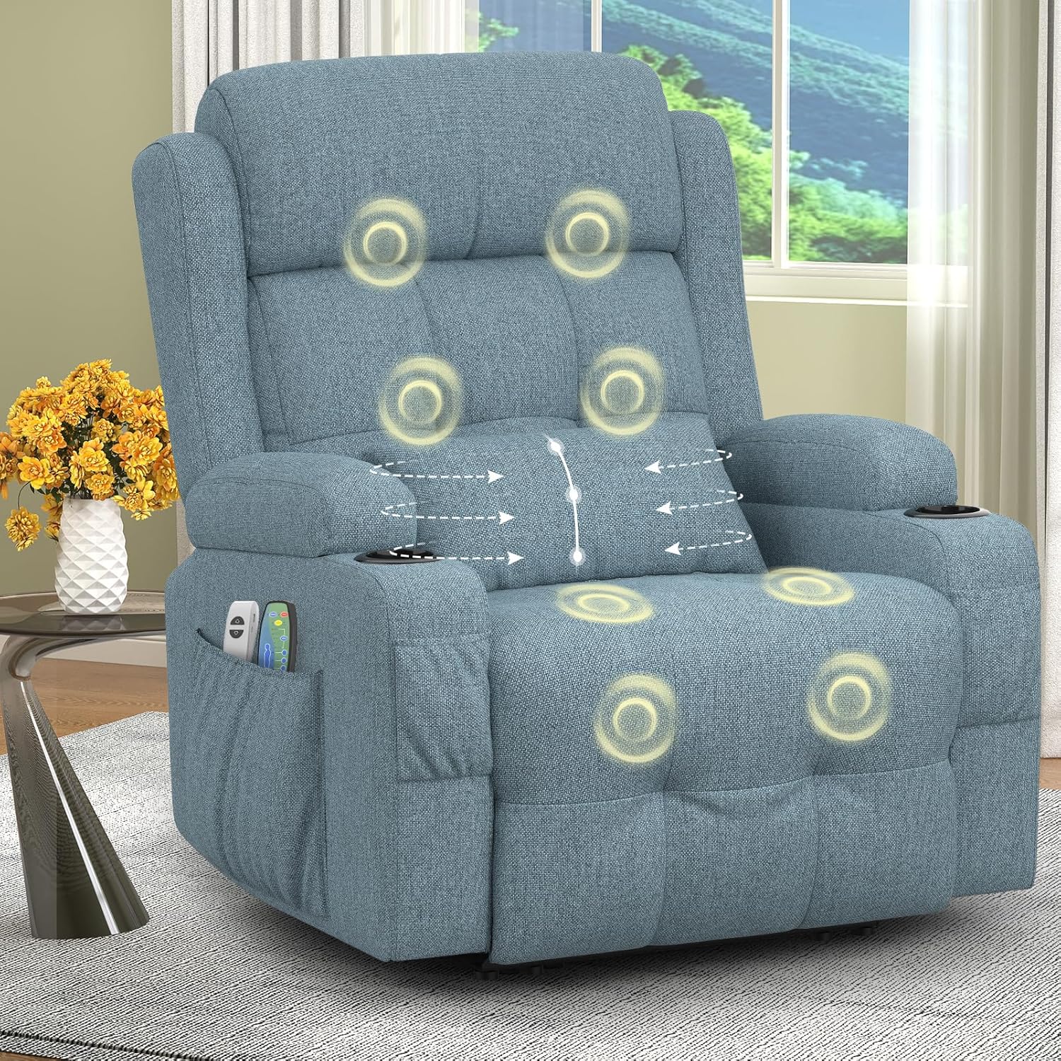 Relaxation chair, TV chair, electrically adjustable massage chair with heating function, footstool, 2 side bag drink racks, C-shaped and USB ports, living room TV chair