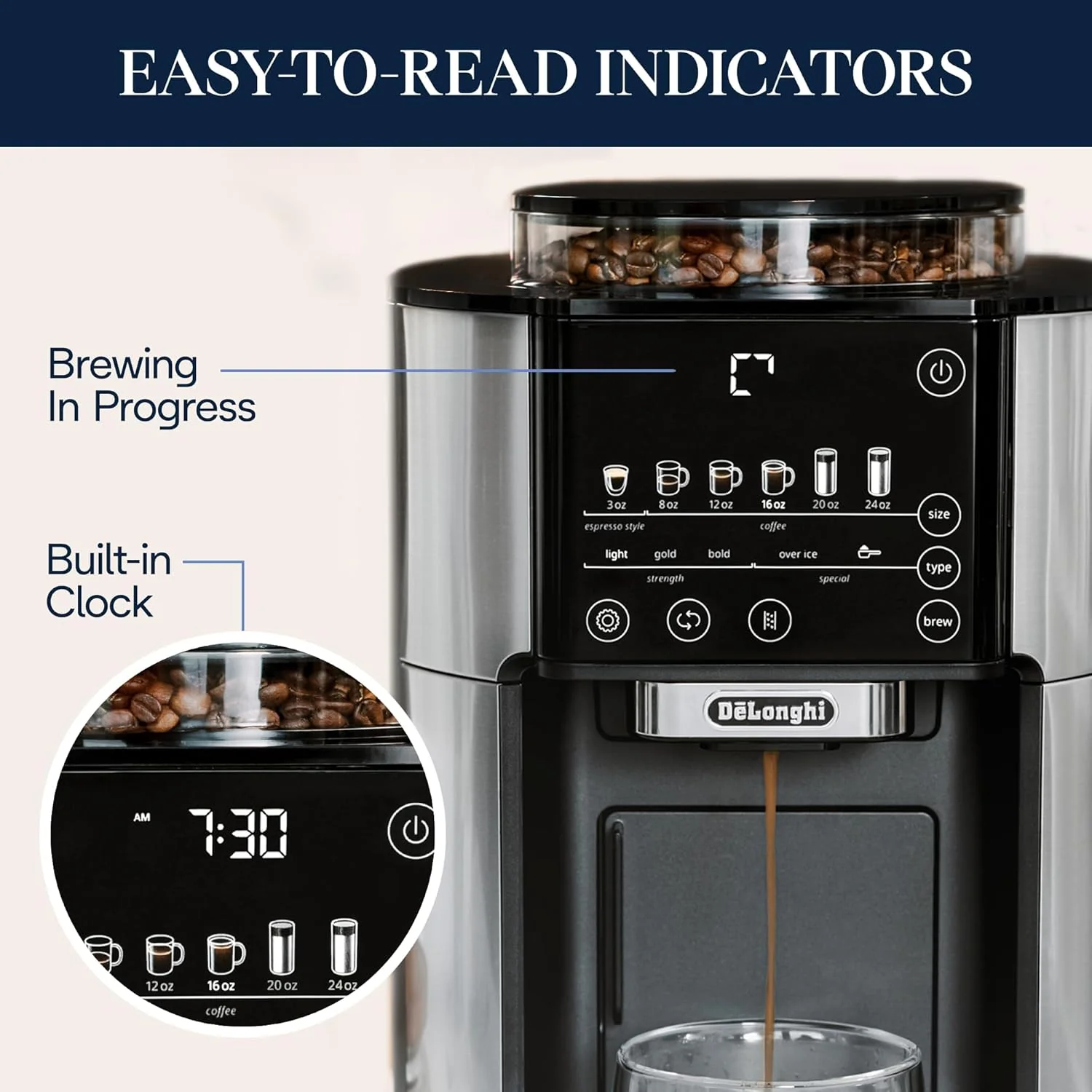 De'Longhi True Brew Drip Coffee Maker, Built in Grinder, Single Serve, 8 oz to 24 oz, Hot or Iced Coffee, Stainless, CAM51025MB