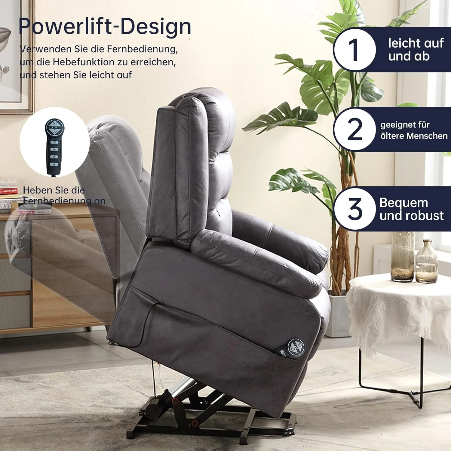Electric TV chair with standing assistance, massage chair with heating function, remote control with lying function, sleep function and feet, weighing 220 kilograms, dark grey suede