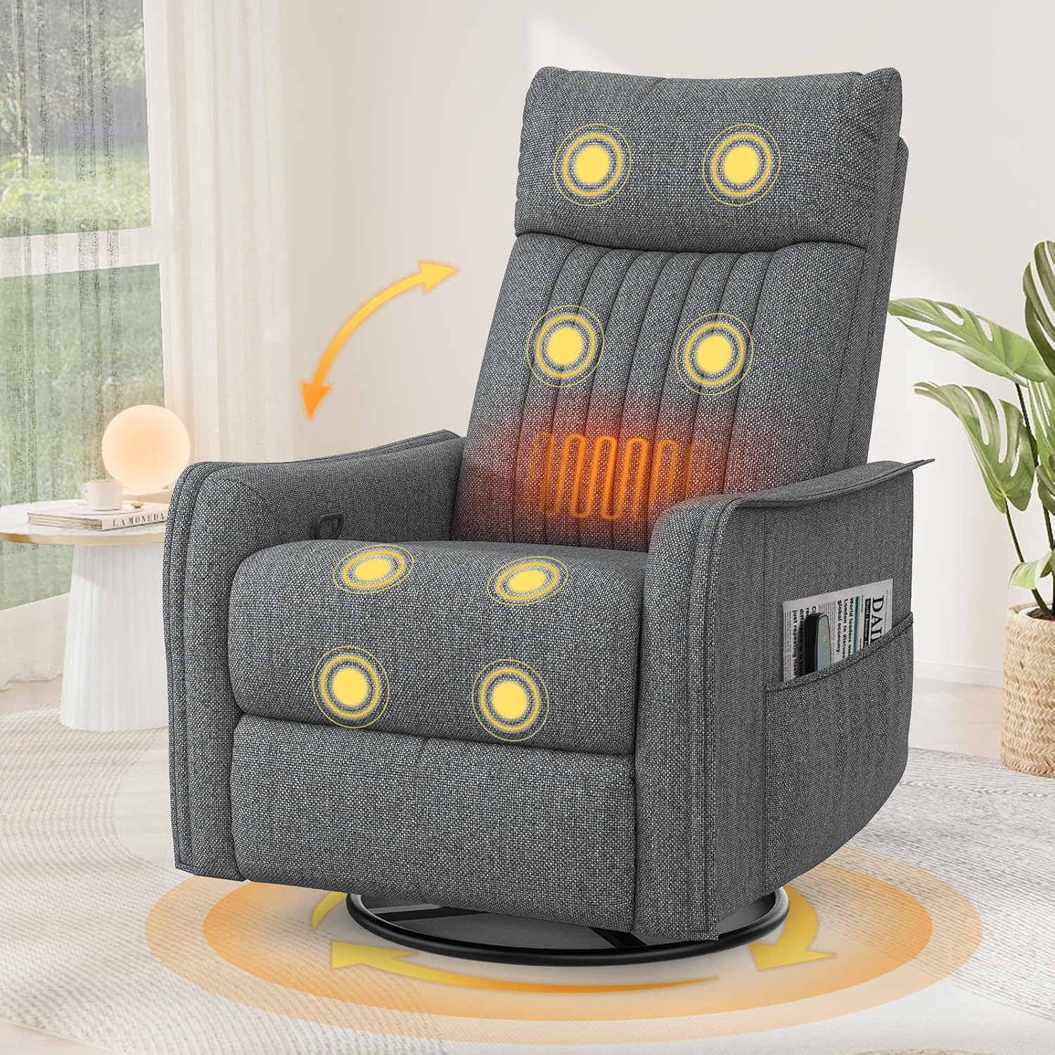 TV armchair with lounge chair, massage chair, relaxation chair with heating and massage, 360° rotating TV armchair, living room, swing chair with soft cushion headrest, 2 side pockets