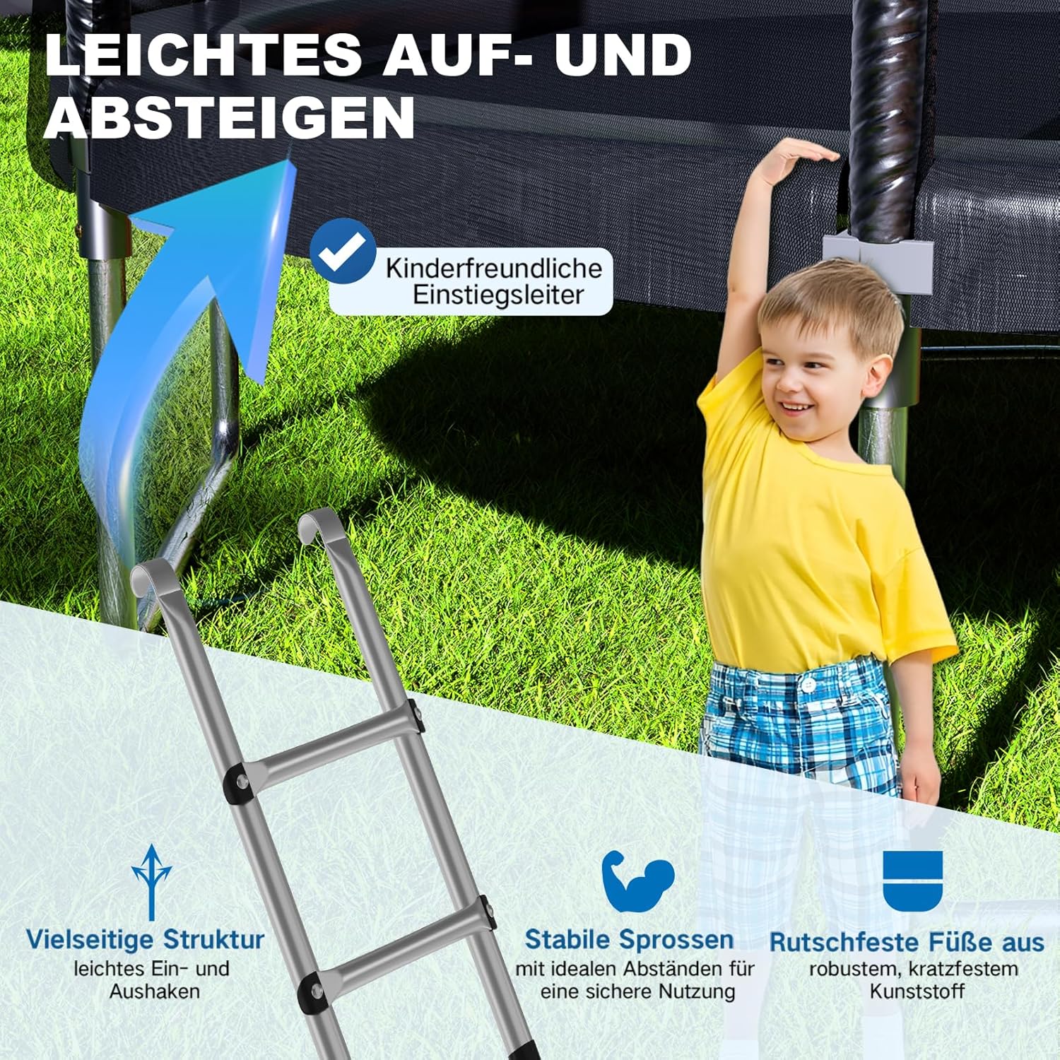 Devoko Trampolin Outdoor Ø 427 cm Indoor Trampolin Kinder Gartentrampoline, Komplettset mit Schuhnetz, Leiter, Randabdeckung, Sicherheitsnetz, Belastbarkeit 150 kg
