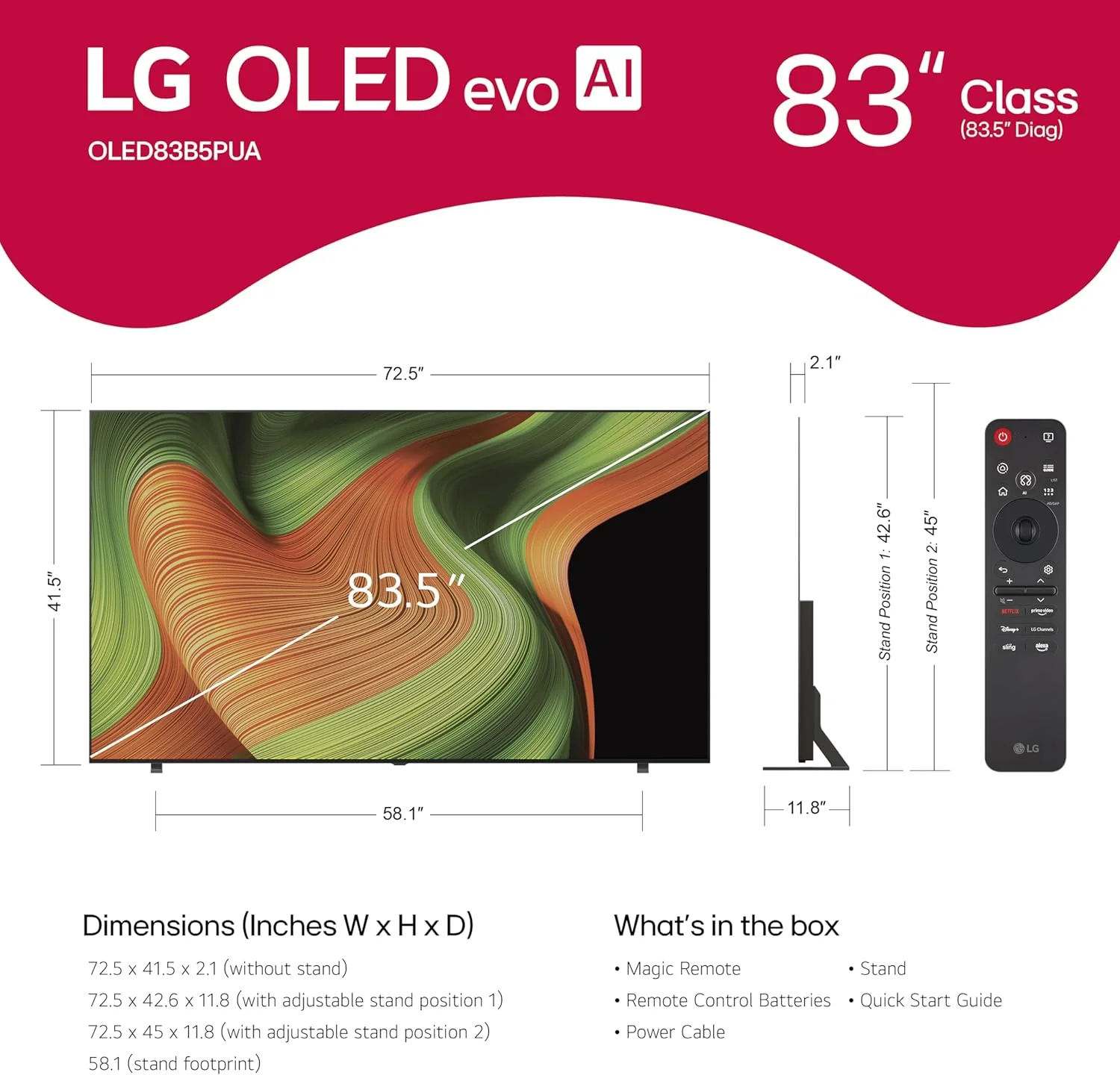 LG 83-Inch Class OLED AI 4K B5 Series Smart TV w/Dolby Atmos, Dolby Vision, HDR10, AI Super Upscaling 4K, Filmmaker Mode, Wow Orchestra, Alexa Built-in (OLED83B5PUA, 2025)