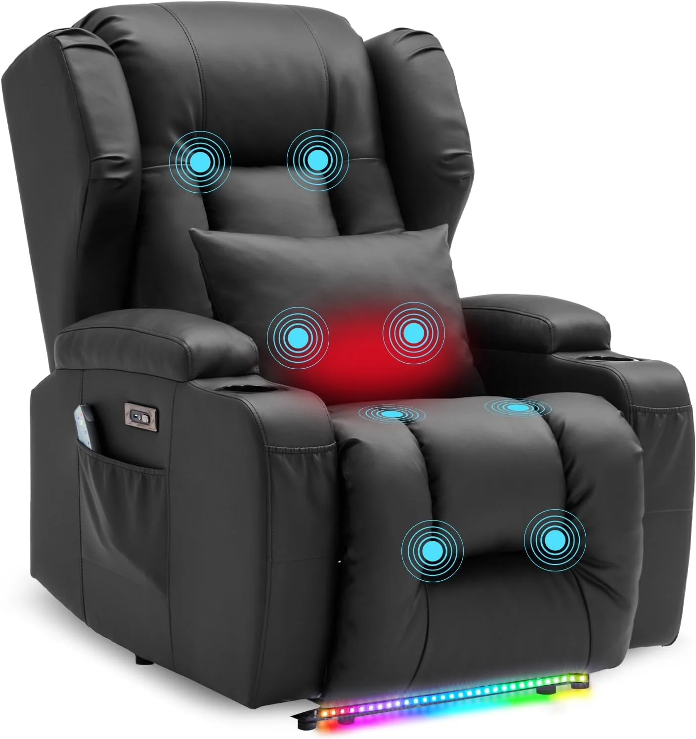 SAMERY relaxation chair, electric massage chair, lounge chair, vibration heating, relaxation chair and lounge chair with LED/USB, cinema armchair, TV armchair, living room bedroom, black 7815