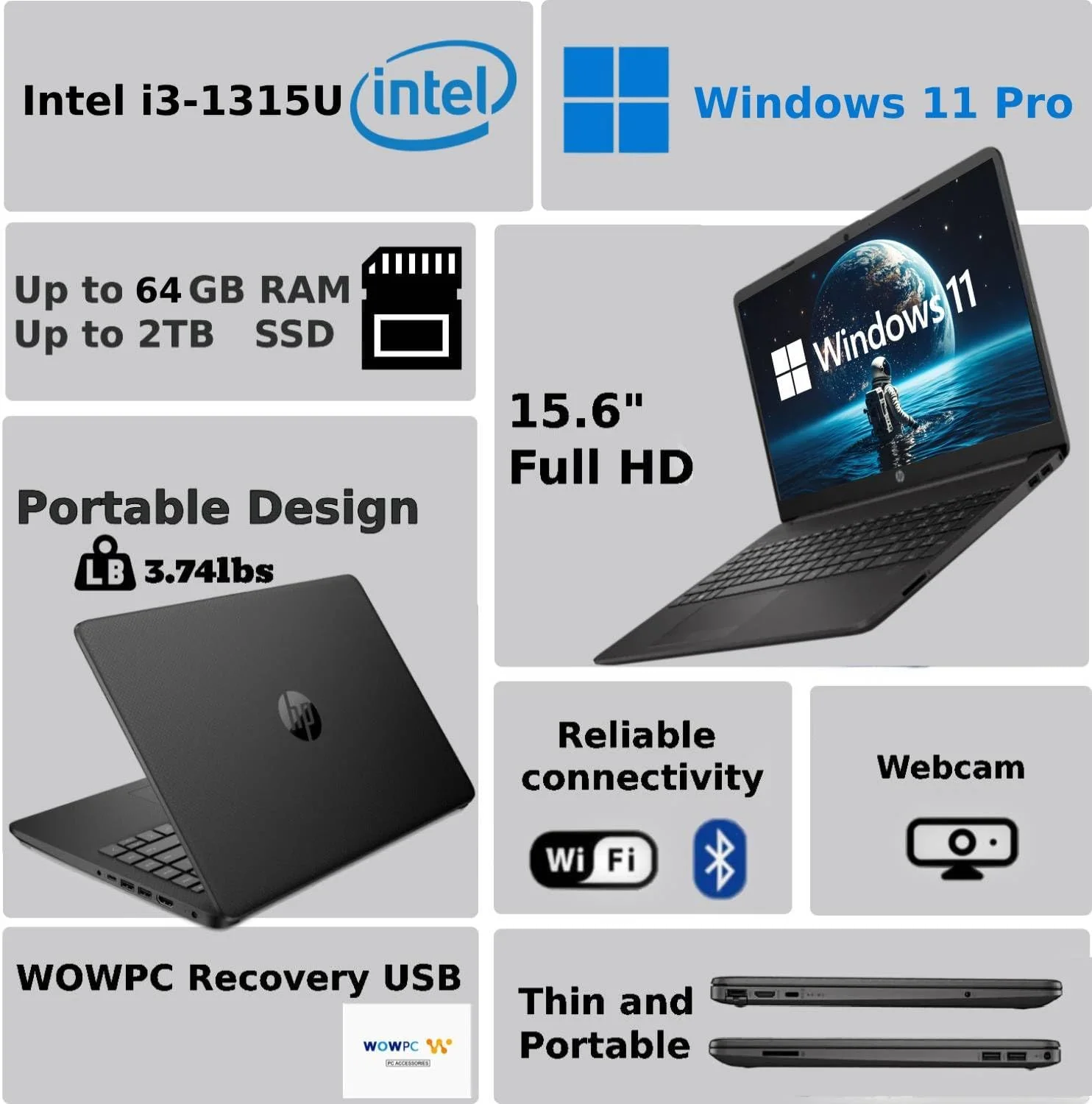 HP 2025 Latest 15.6'' FHD Business Laptop, Intel 6 Core i3-1315U (Beat i5-1135G7), 16GB RAM, 512GB PCIe SSD,IPS Display, Ultra Quiet Design, Long Battery Life, Windows 11 Pro, WOWPC Recovery USB