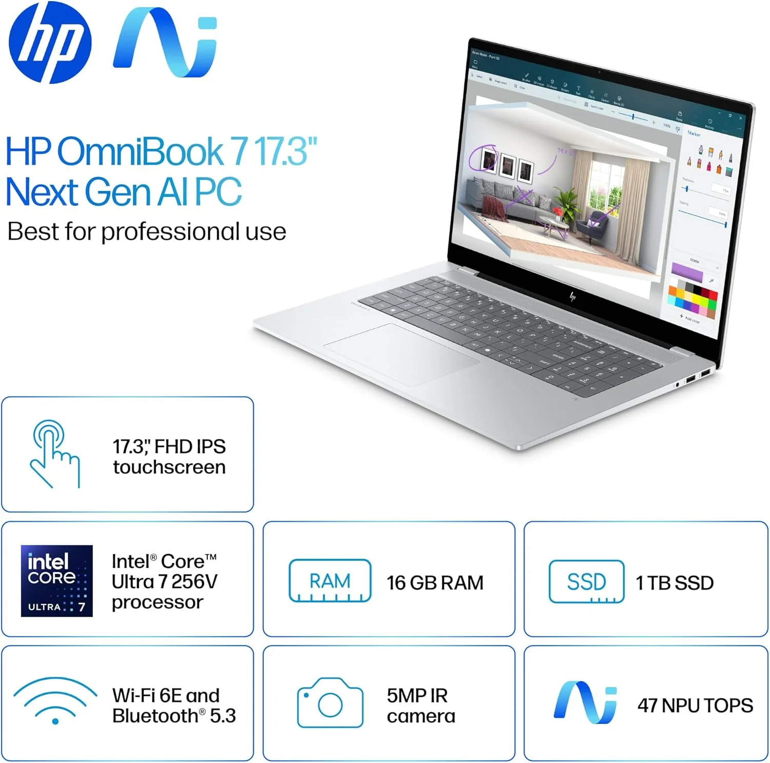 HP OmniBook 7 17.3 inch Next Gen AI PC, FHD Touchscreen Display, Intel Core Ultra 7 256V, 16 GB RAM, 1 TB SSD, Intel Arc 140V GPU, Windows 11 Home, Copilot+ PC, Glacier Silver, 17-dc0000nr