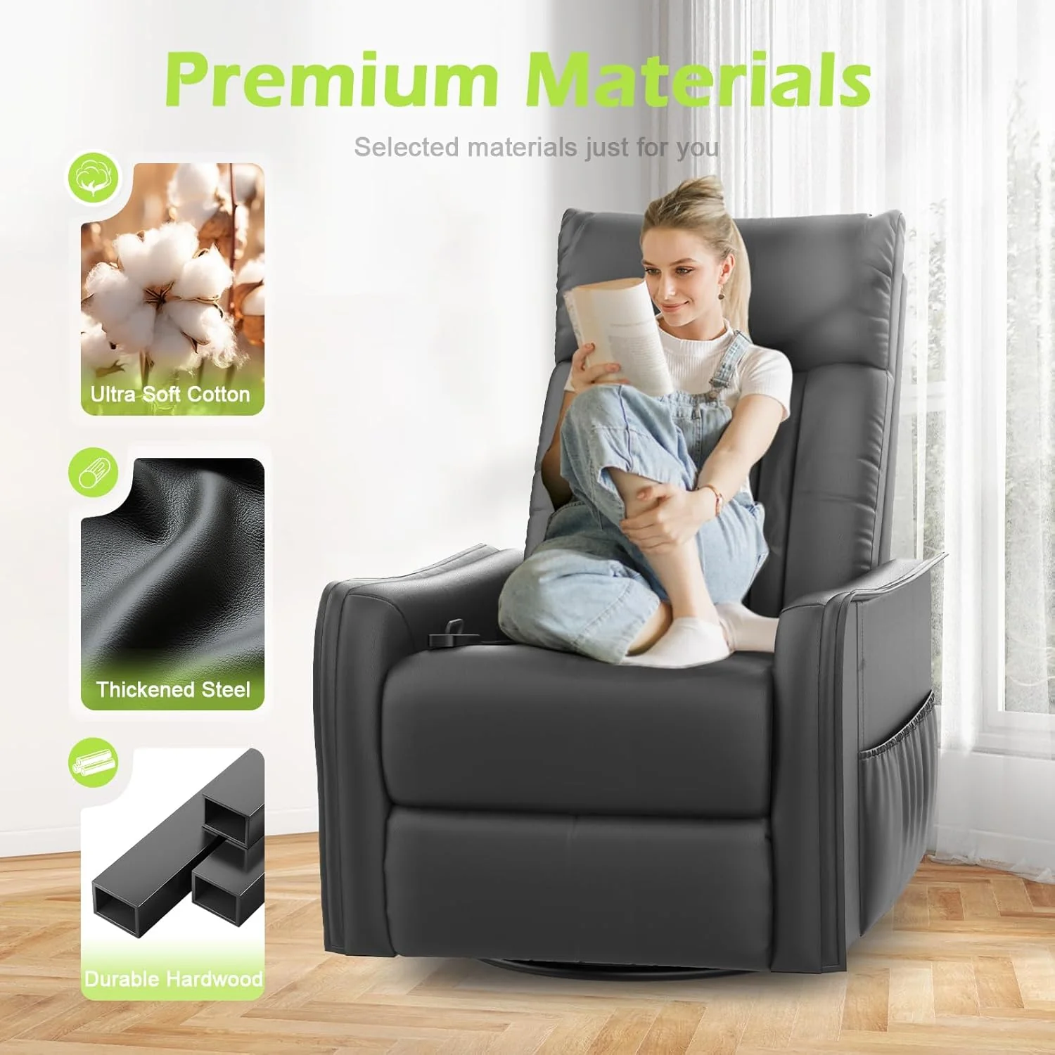 TV armchair with lounge chair, massage chair, relaxation chair with heating and massage, 360° rotating TV armchair, living room, swing chair with soft cushion headrest, 2 side pockets