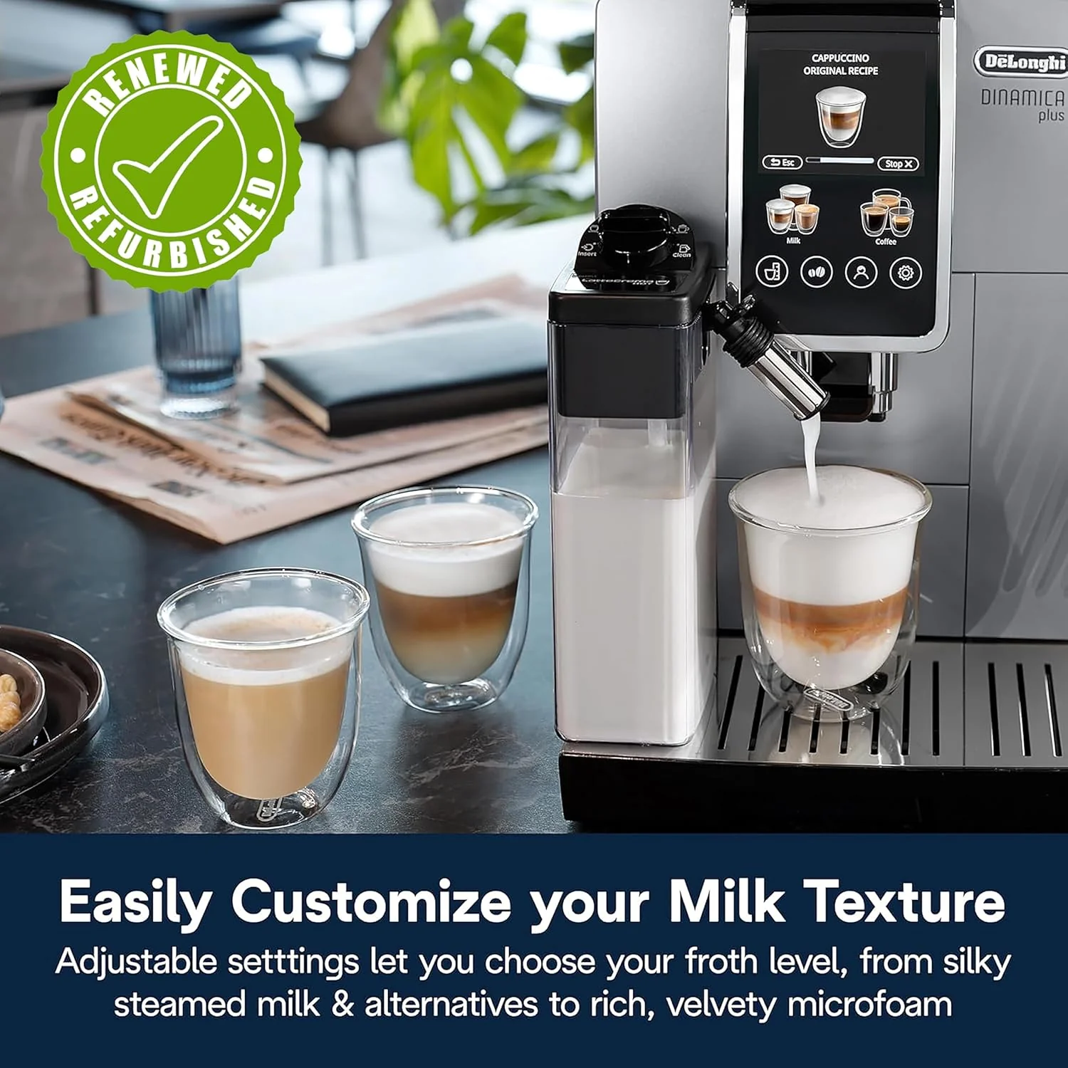 De'Longhi Dinamica Plus Espresso Machine (Renewed) with Automatic Frother, 24 Recipes, ECAM38085SB