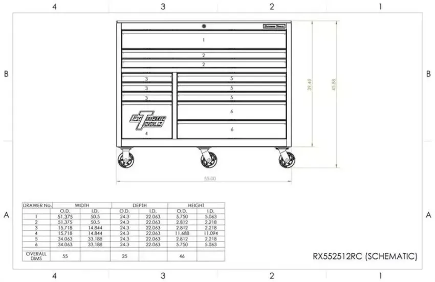 EXTREME TOOLS RX SERIES 55" 12-DRAWER ROLLER WITH HUTCH AND SIDE BOXES
