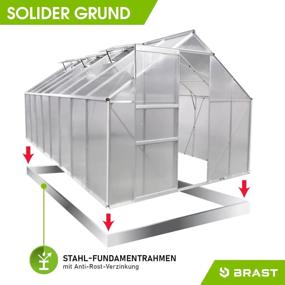 BRAST Aluminium Greenhouse with Base 490 x 250 x 205 cm, TÜV Tested, 6 mm Hollow Chamber Panels, Rustproof/Weatherproof/Temperature-Resistant