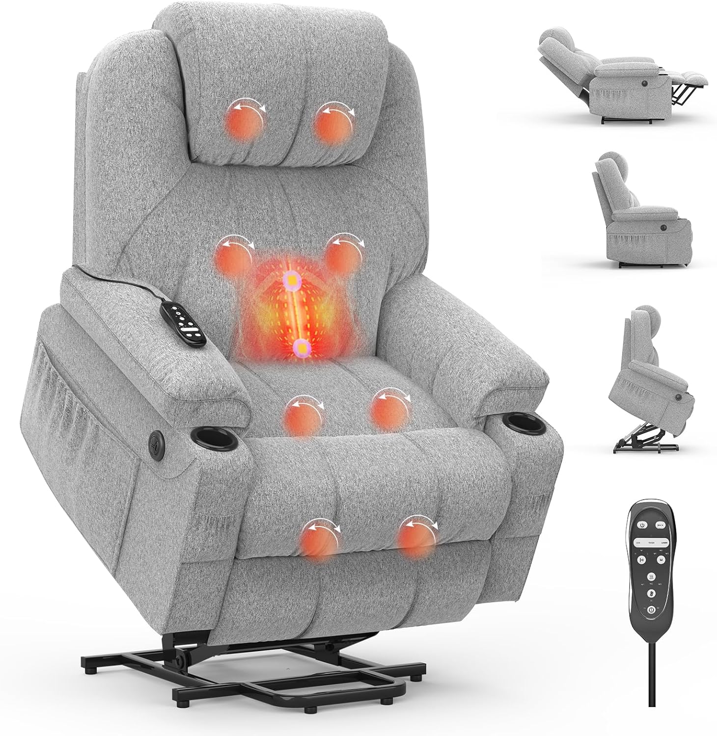 Senior relaxation chair, power lounge chair with massage and warmth, extended footstool, C + USB interface, 2 beverage racks, 2 side bags, lounge chair, lounge sofa
