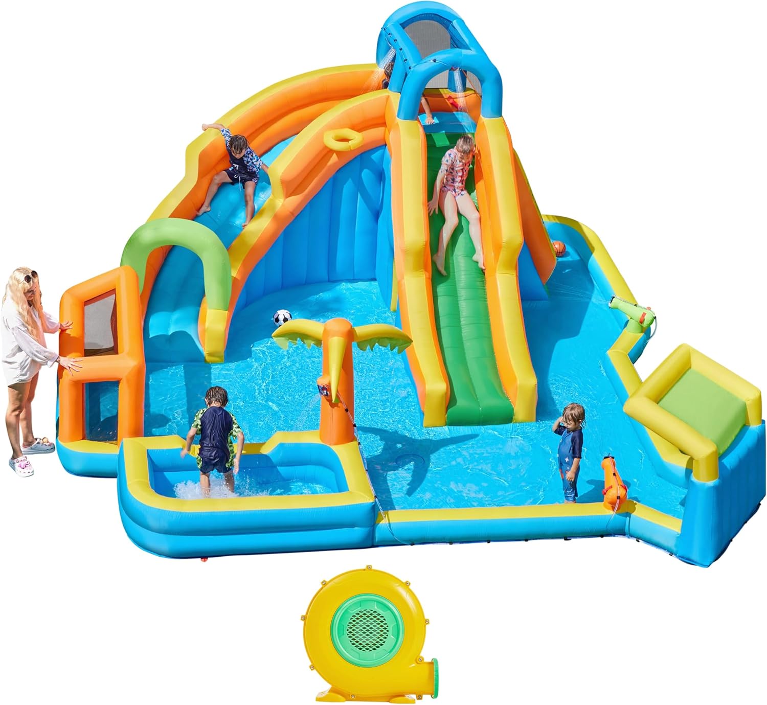 Yaheetech Inflatable Water Slide w/ 2 Long Slides & Large Climbing Wall & Small Deeper Pool & Awning, 11-in-1 Outdoor Blow Up Water Slide w/Storage Bag & 950W Blower