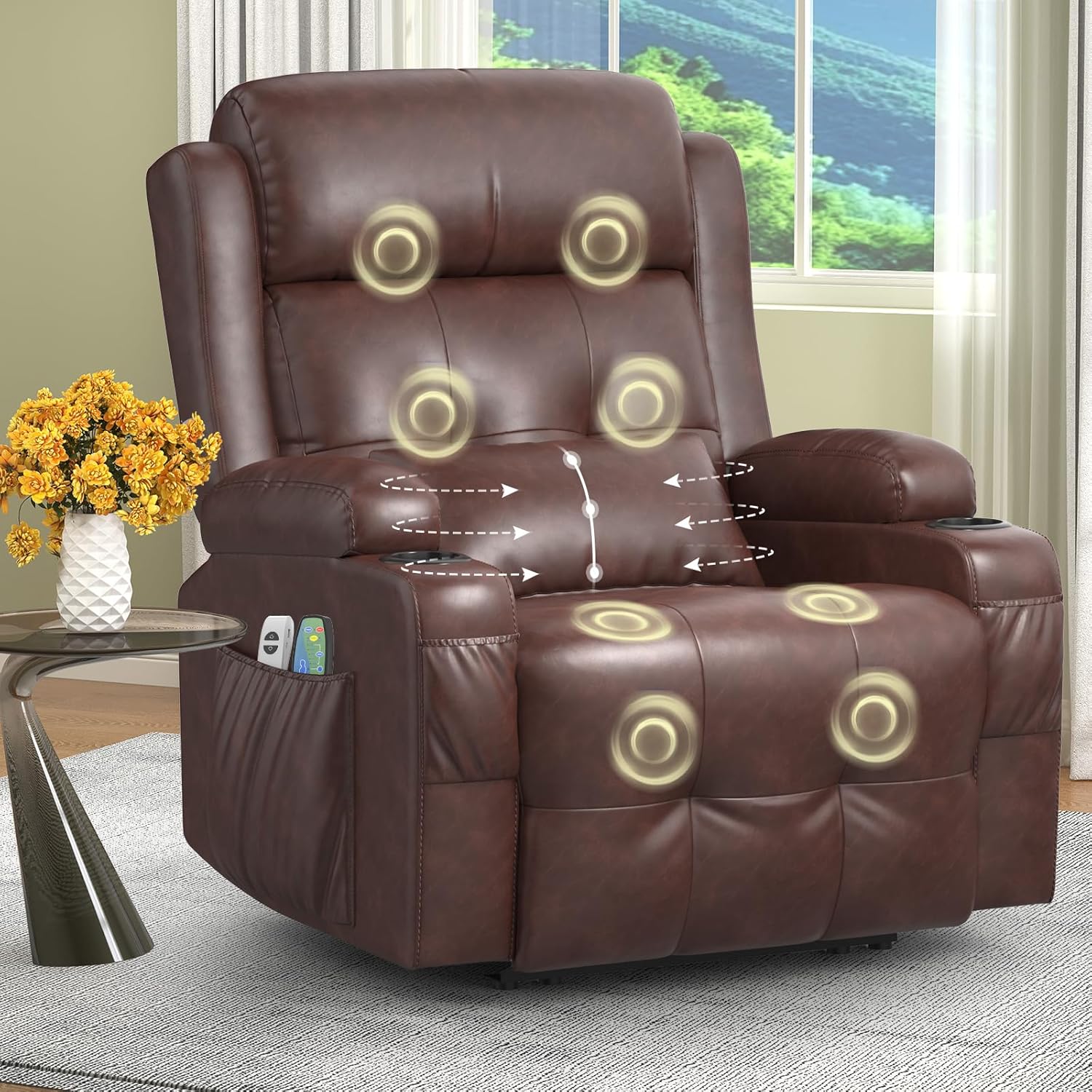 Relaxation chair, TV chair, electrically adjustable massage chair with heating function, footstool, 2 side bag drink racks, C-shaped and USB ports, living room TV chair
