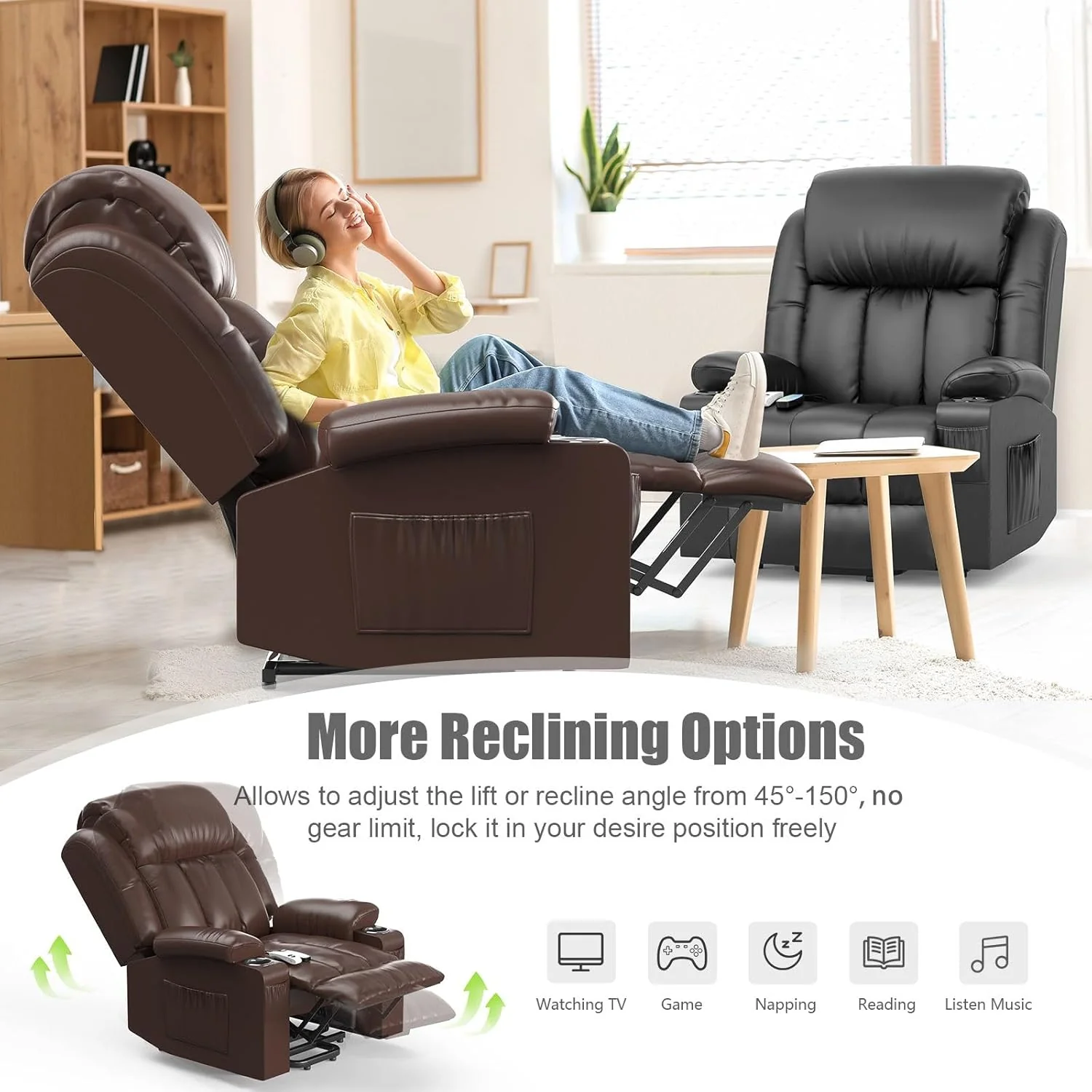 TV armchair, massage armchair, electric relaxation armchair with lounge chair function, stand up assist, massage heating, foot section, beverage rack, 4-side pocket, C-shaped and USB interface TV armchair lounge