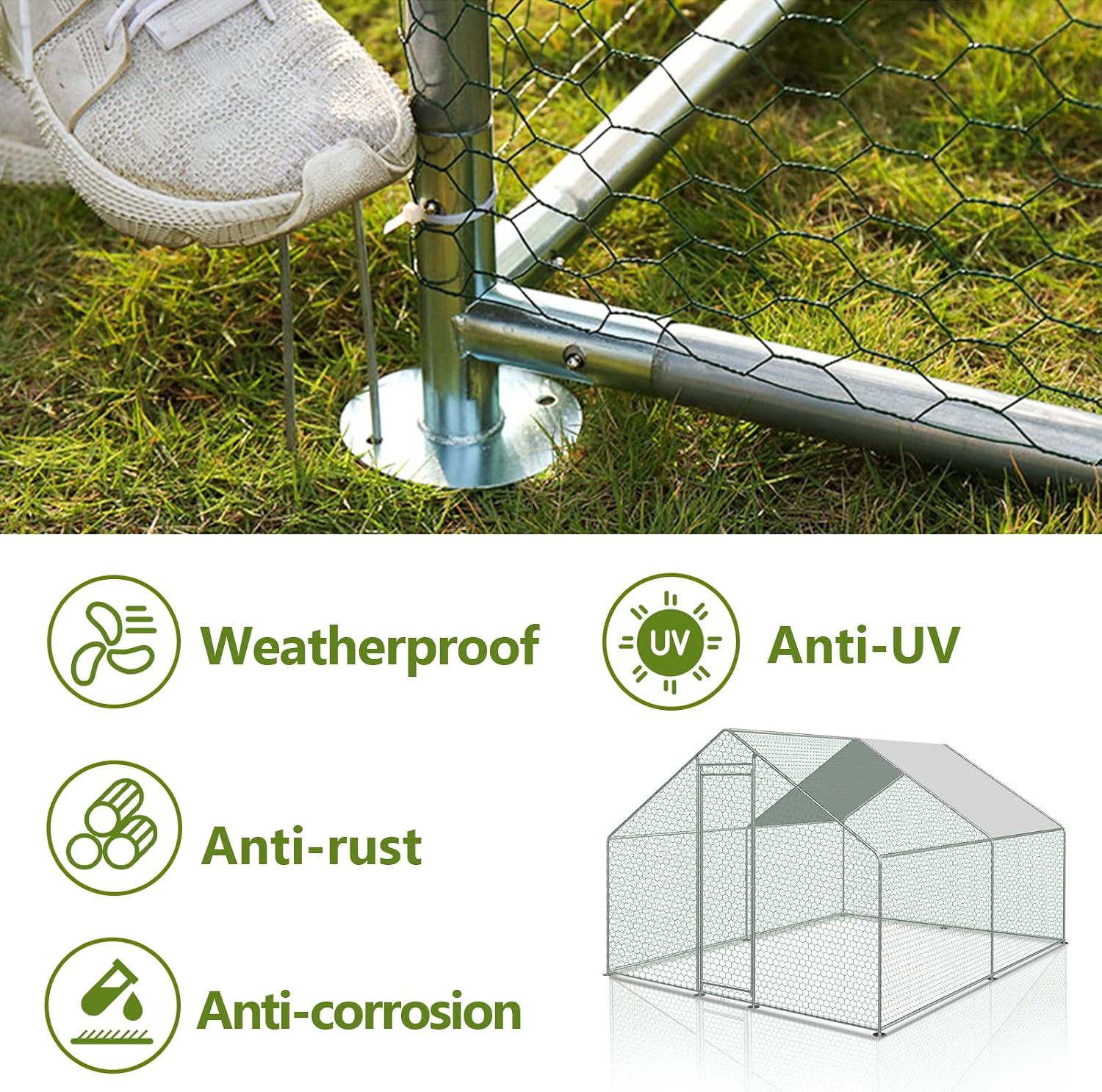 Sonnewelt Freilaufgehege 3x2x2m Hühnerstall Verzinkter Stahl Kleintierstall Hühnerhaus Dach Geflügelstall mit Sonnenschutzdach und Tür für Haustierkäfig Hühnerkäfig Vogelkäfig Kleintiere Pflanzen