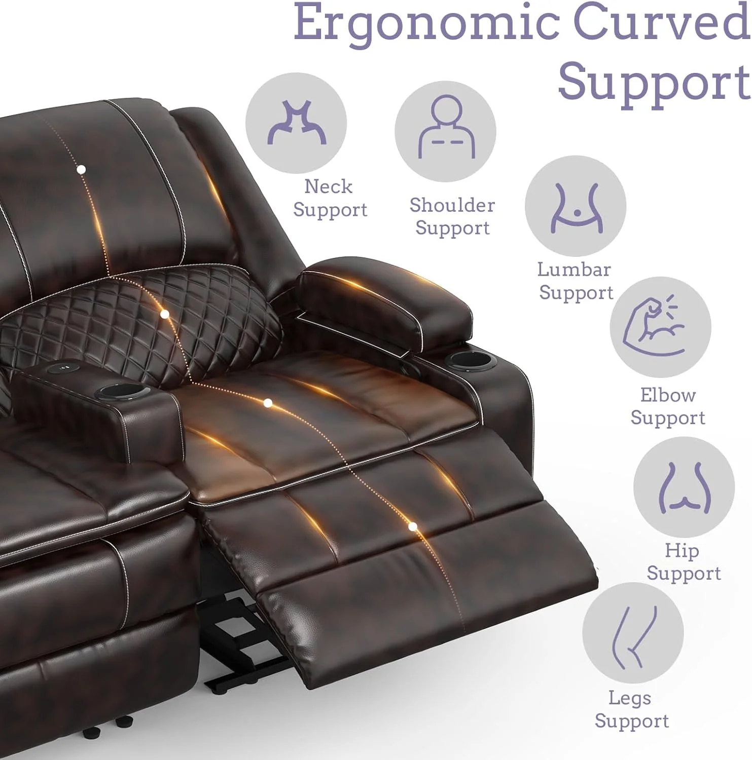 The two-seater sofa is adjustable. It features a semi-automatic relaxation function, a relaxation chair cover, an internal tray stand on the control console, dual USB ports, and side pockets
