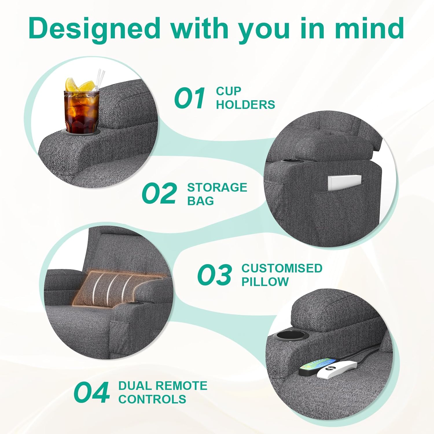 Electric adjustable massage chair with heating function, footstool, 2 side bag drink racks, C-shaped and USB ports, living room TV armchair