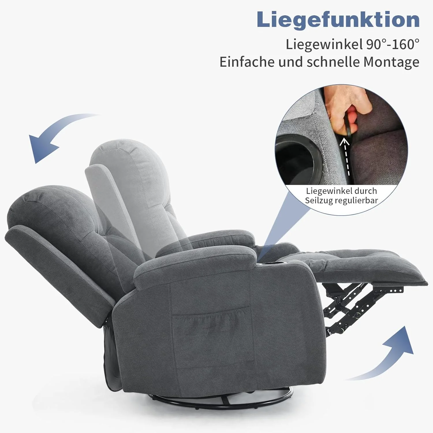 TV armchair 360° rotating relaxation chair, electric massage lounge chair, massage, heating, 2 side pockets and drink rack, TV armchair lounge chair position