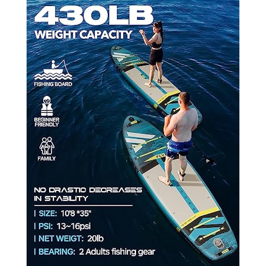 10'8/11'x35'' Fishing&Family Stable Inflatable Paddle Boards, Extra Wide SUP Paddleboard Inflatable, 430lb/3 People, Stand Up Paddle Board for Adults, Camera Mount, Shoulder Strap, Rod Holder