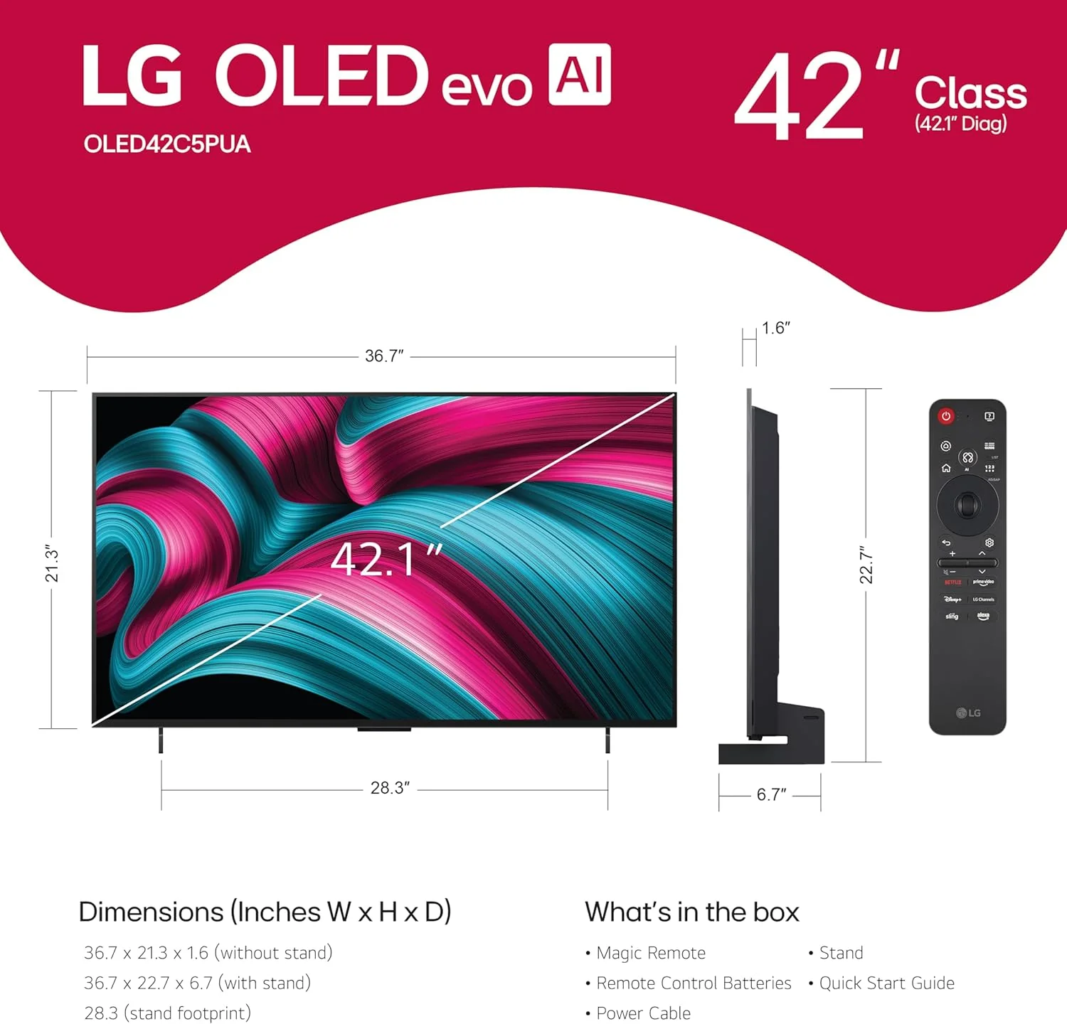 LG 42-Inch Class OLED evo AI 4K C5 Series Smart TV w/Dolby Atmos, Dolby Vision, HDR10, AI Super Upscaling 4K, Filmmaker Mode, Wow Orchestra, Alexa Built-in (OLED42C5PUA, 2025)