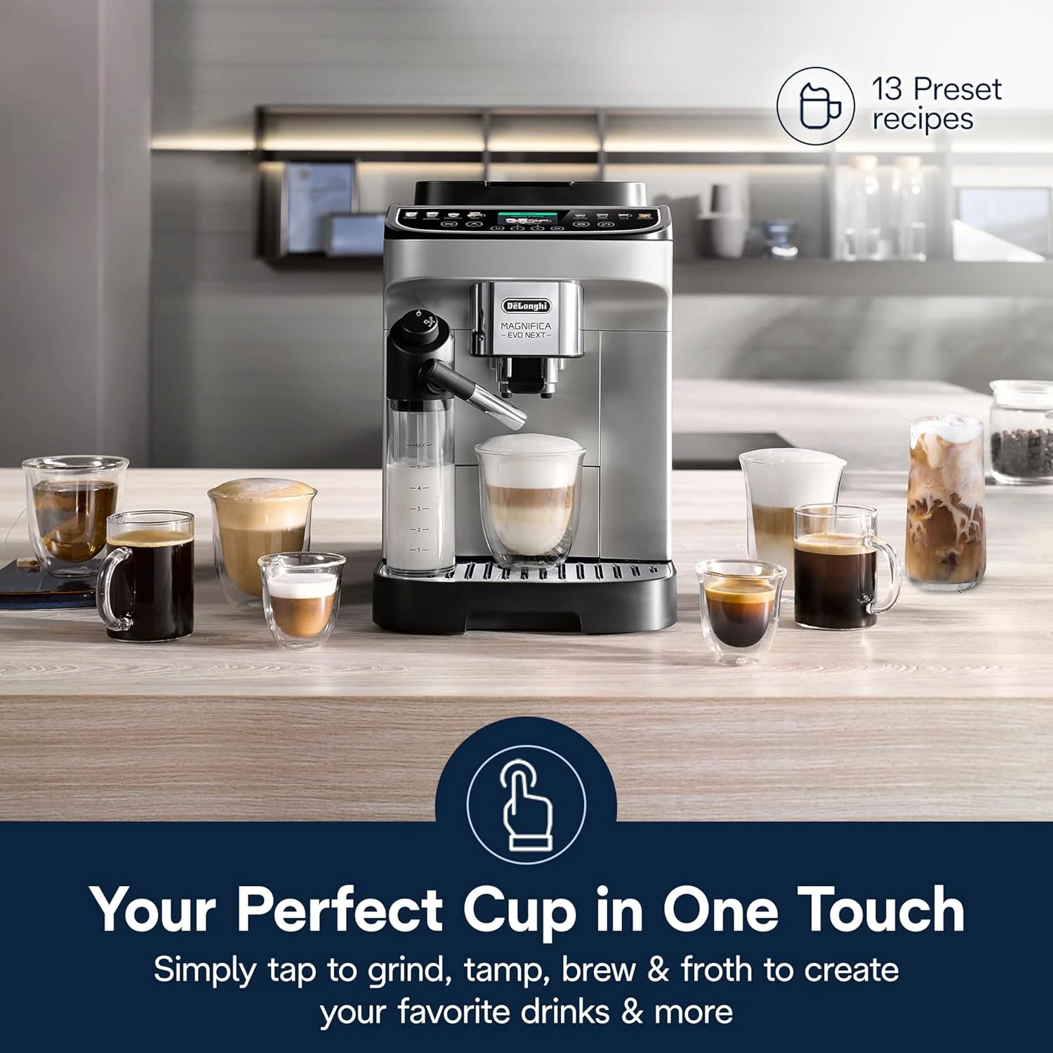 De'Longhi Magnifica Evo Next Fully Automatic Espresso Machine - Programmable Coffee Maker with Grinder and Milk Frother - Hot & Cold Brewer for Espresso, Latte, Cappuccino, Americano, Tea and More