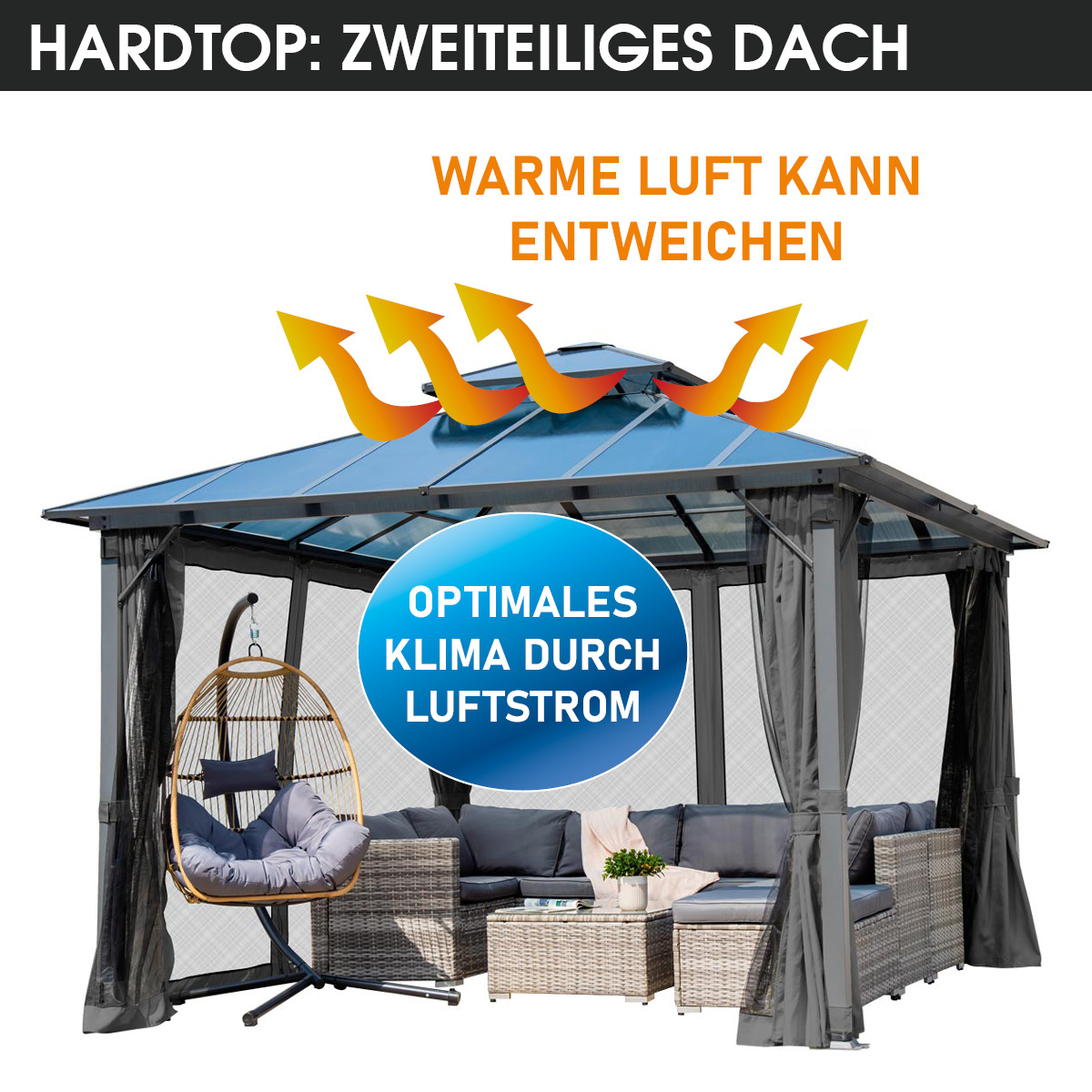 BRAST Alu Pavillon PAGODE 4x4m dunkelgrau mit Moskitonetz