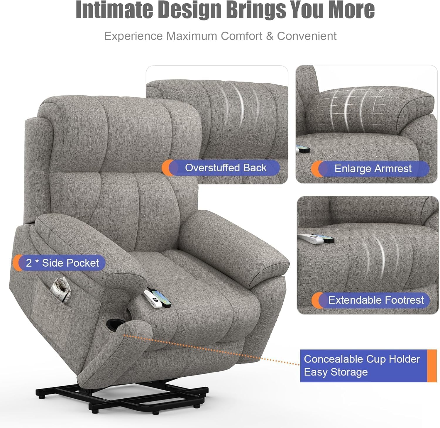 TV armchair, relaxation armchair, electric massage chair, with lounge chair function, standing assistance, massage heating, foot part, 2 side pocket drink racks, C-shaped and USB ports, lounge chair TV armchair living room