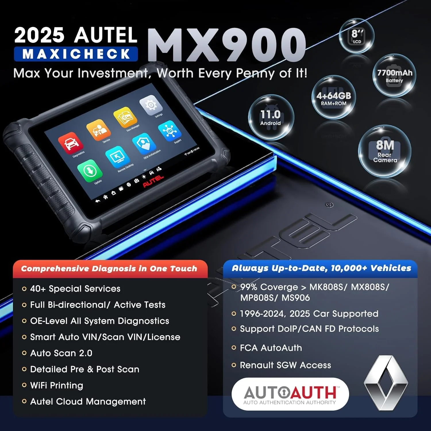 Autel MaxiCheck MX900 Scanner, 2025 Bidirectional Diagnostic Scan Tool Same as MK900 MK900BT, 8in Up of MaxiCOM MK808S MX808S MK808BT PRO, CAN FD DoIP, 3K+ Active Tests, 40+ Services, All Systems, FCA