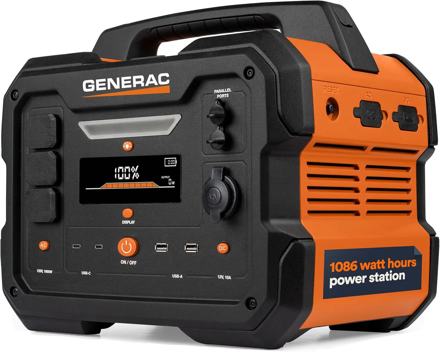 Generac 1086Wh Portable Power Station with Lithium-Ion Battery - Clean, Emission-Free Power - Wirless Charging Pad and Compact Design - Camping, RV, Indoor/Outdoor Use - Orange/Black