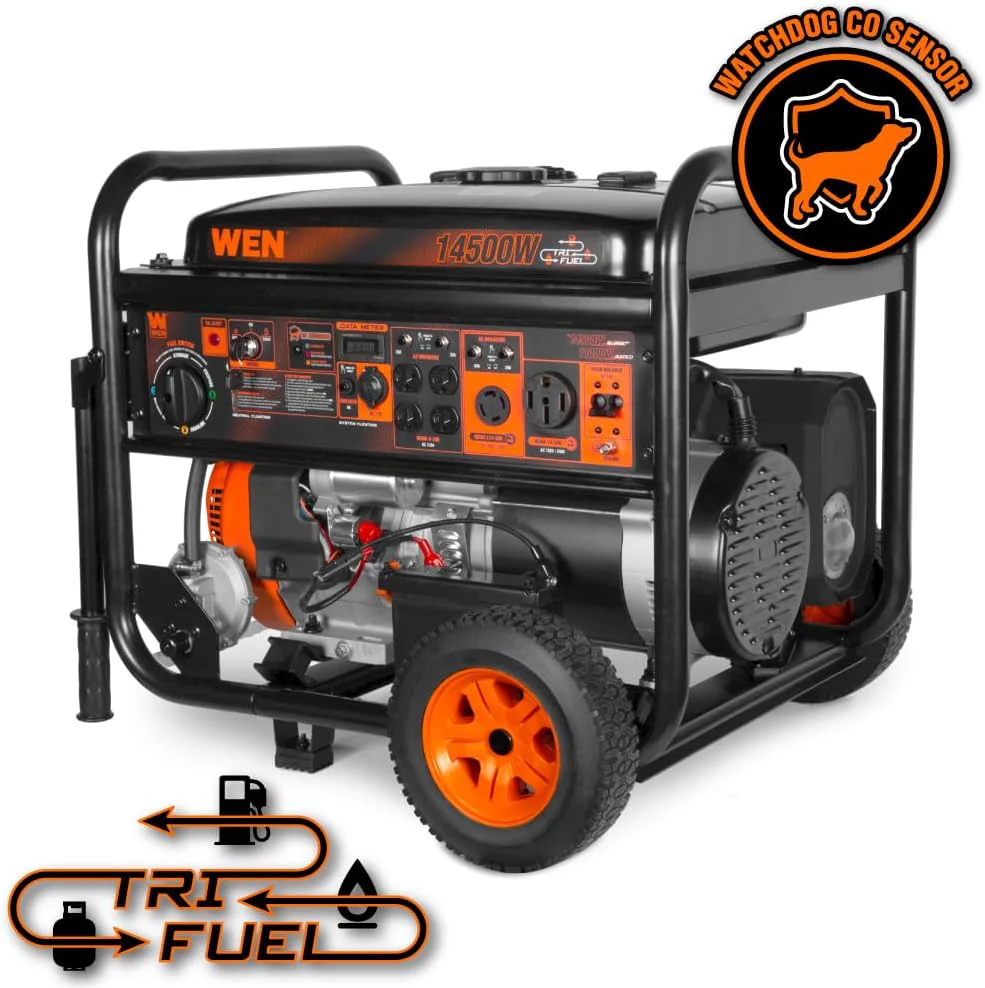 WEN 14,500-Watt 120V/240V Tri-Fuel Generator for Gas, Propane, and Natural Gas, Transfer-Switch Ready with Electric Start, Wheel Kit, and CO Watchdog (TF1450X)