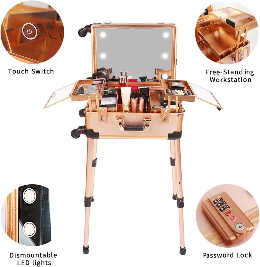 Medium Makeup Train Case with Code Lock, Lighted Mirror
