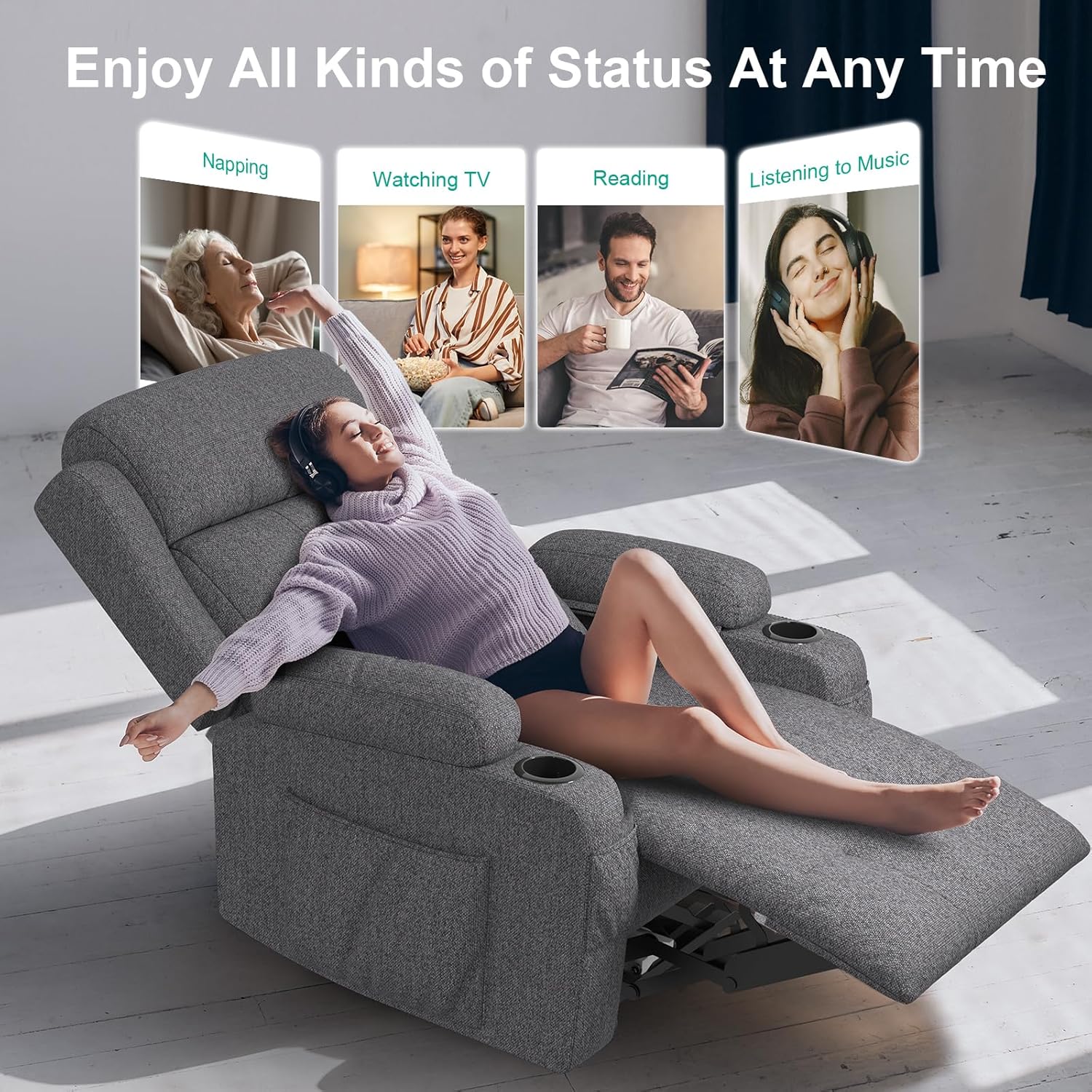 Electric adjustable massage chair with heating function, footstool, 2 side bag drink racks, C-shaped and USB ports, living room TV armchair