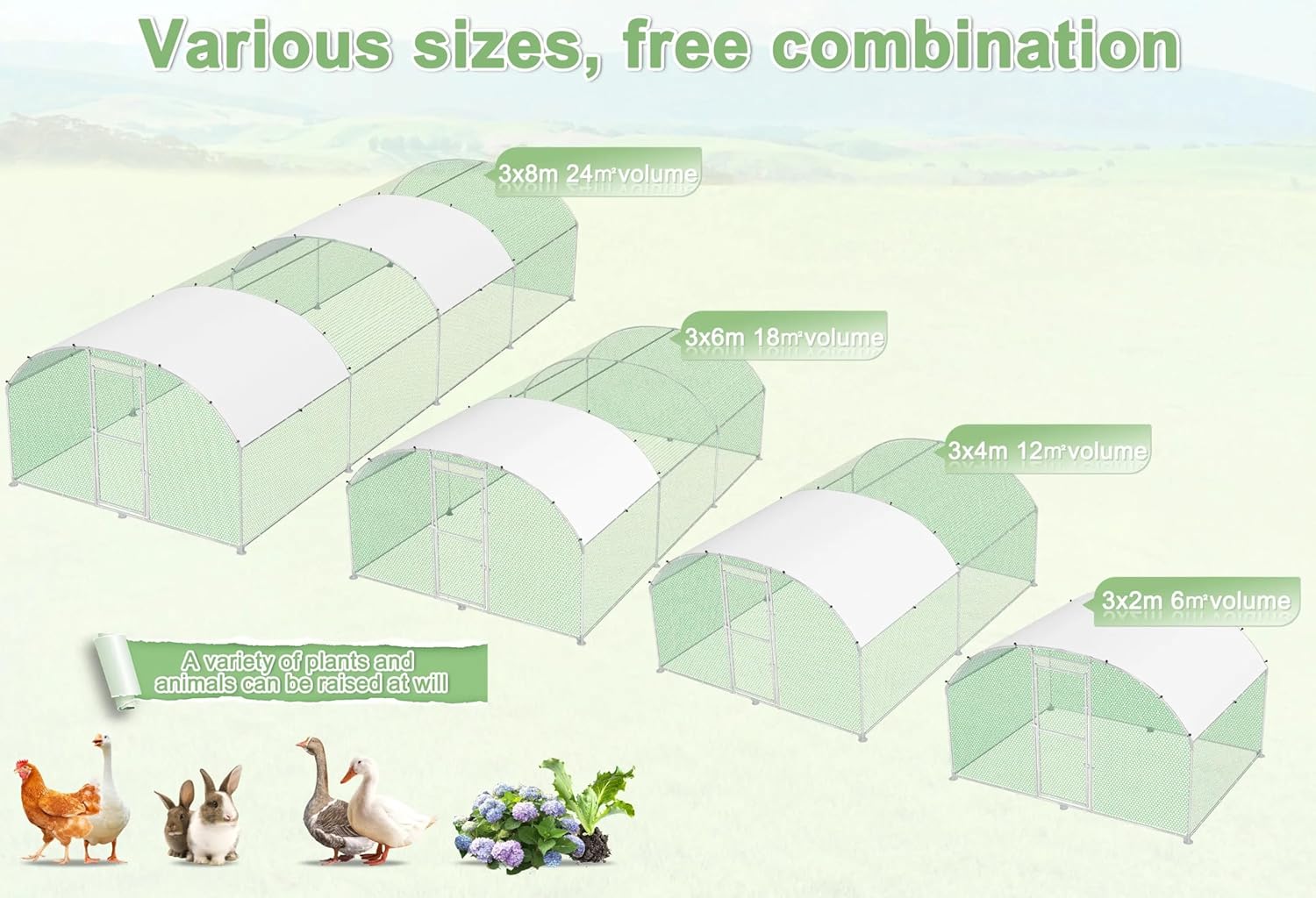 Hühnerstall Metall Freilaufgehege Freigehege, Geflügelstall Kleintiere, Verzinkter Stahlrahmen mit PE Dach, Bogenaufsatz (3x4m)