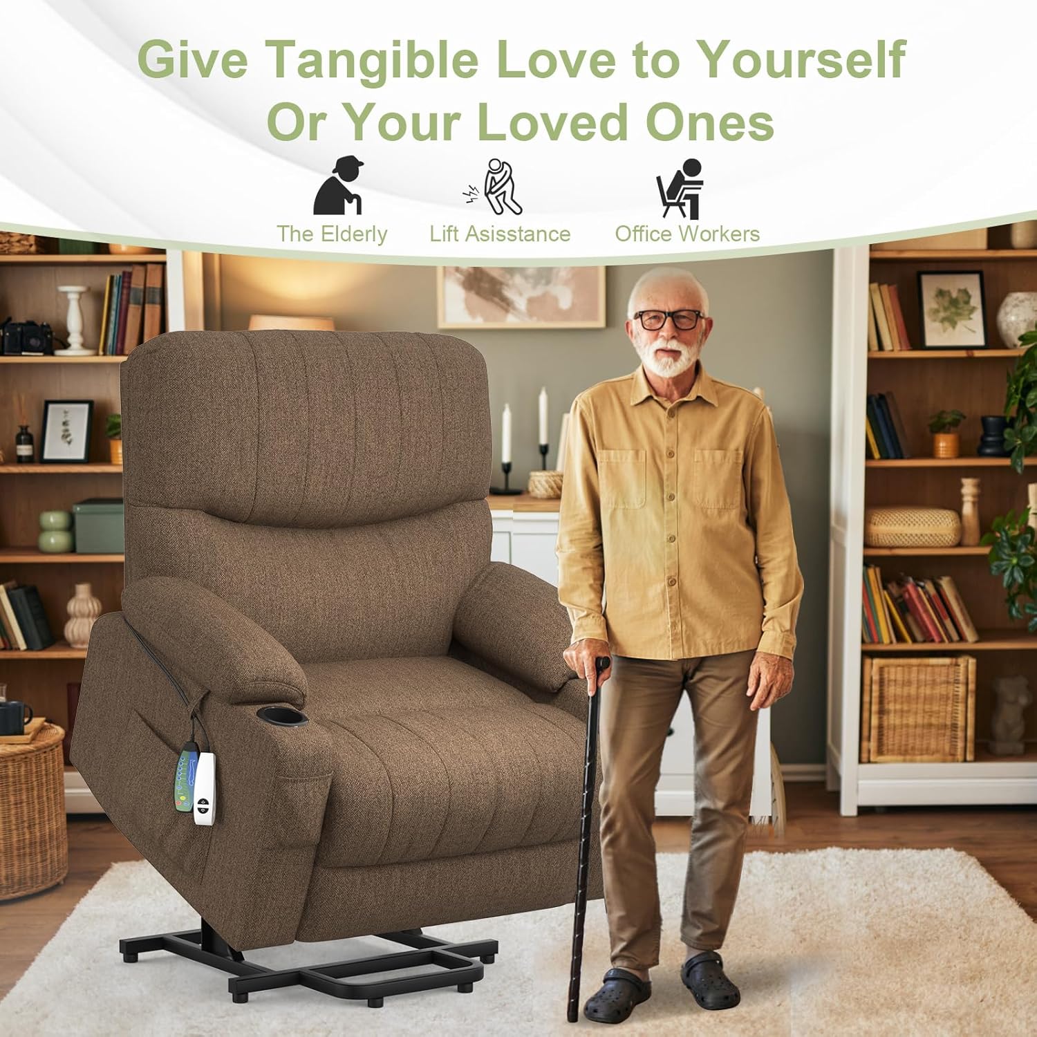 TV armchair, relaxation armchair, massage armchair, heating function, stand up assist, lie down function, electrically adjustable TV armchair, living room with USB&Type-C & cup holder and bag