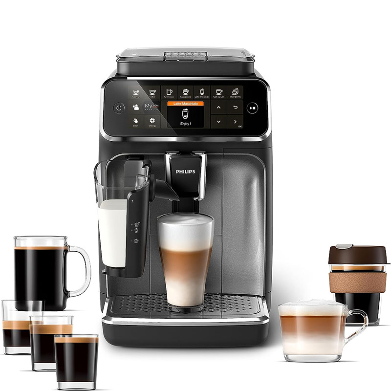PHILIPS 4300 Series Fully Automatic Espresso Machine - LatteGo Milk Frother, 8 Coffee Varieties, Intuitive Touch Display, Black, (EP4347/94)