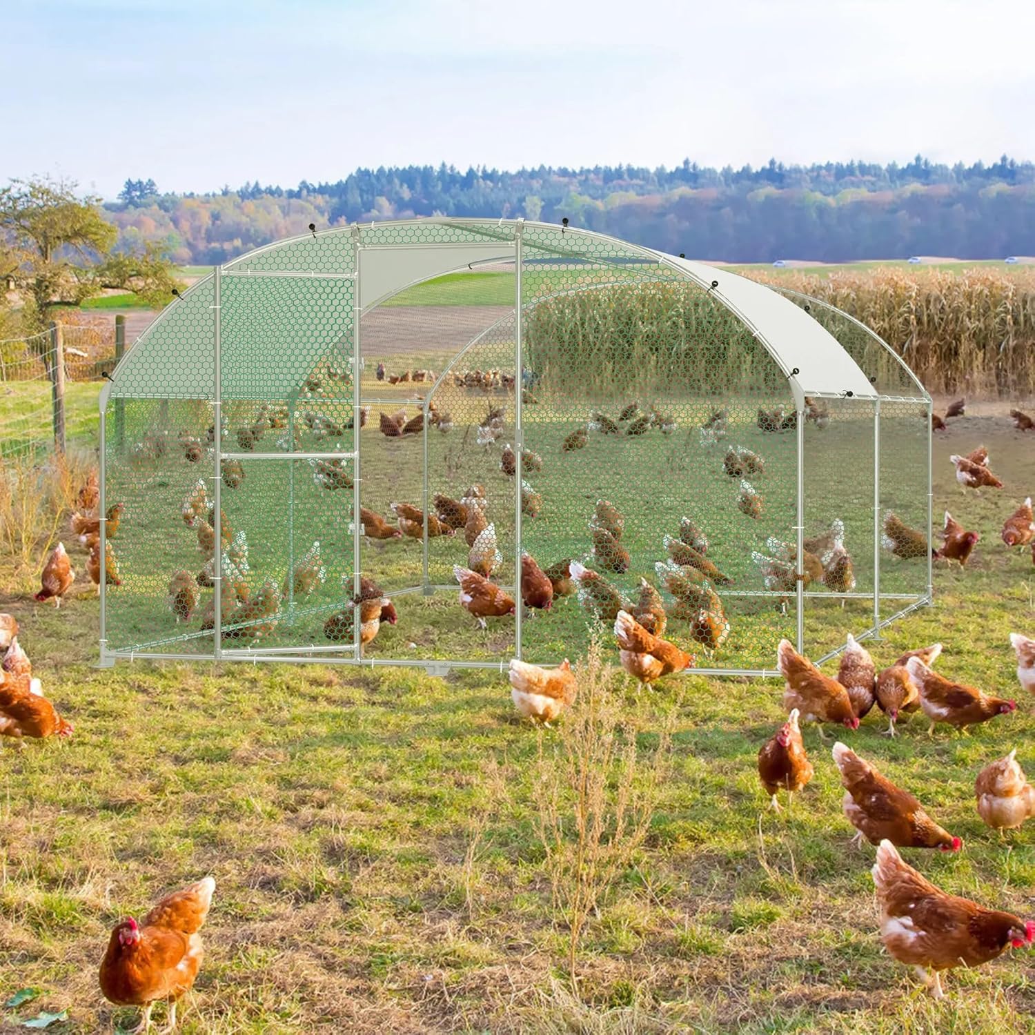 Hühnerstall Metall Freilaufgehege Freigehege, Geflügelstall Kleintiere, Verzinkter Stahlrahmen mit PE Dach, Bogenaufsatz (3x4m)