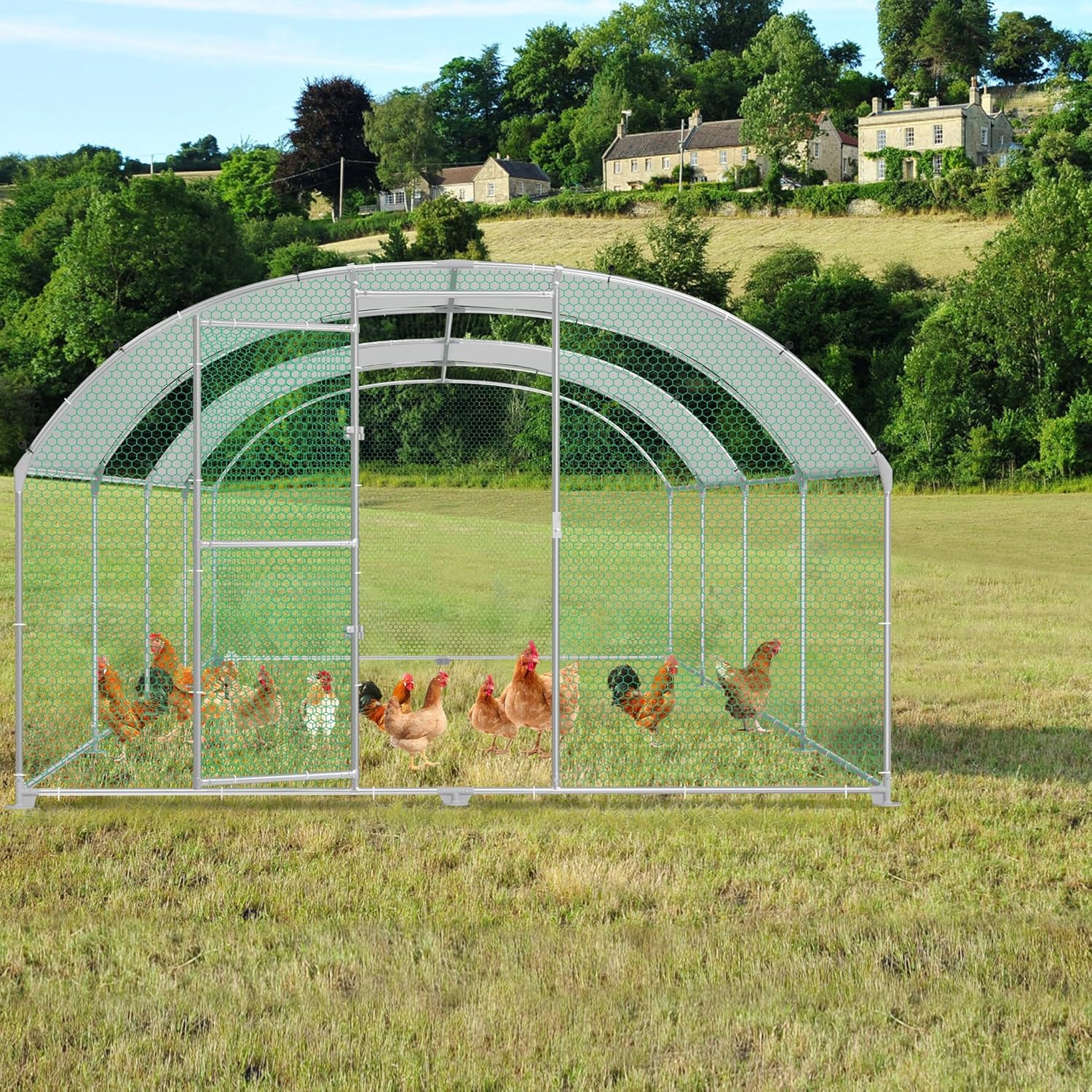 Hühnerstall 3x8m Metall Freilaufgehege Freigehege, Geflügelstall Kleintiere, Verzinkter Stahlrahmen mit PE Dach, Bogenaufsatz