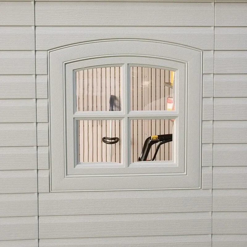 8' wide x 7' 4" deep plastic storage shed