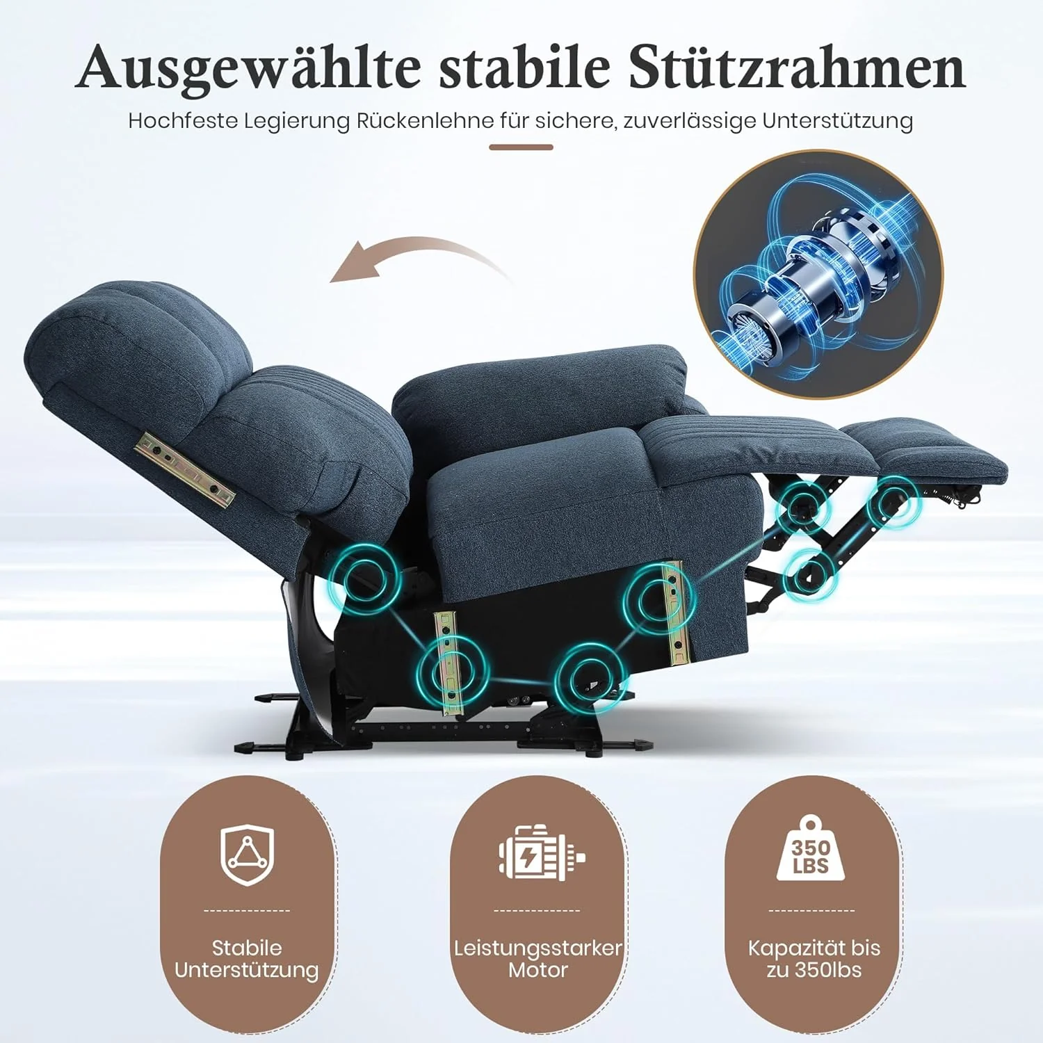 Electric adjustable TV armchair with reclining function, TV armchair with massage and heating functions, C-shaped and USB connector, maximum 160 kilograms (blue)
