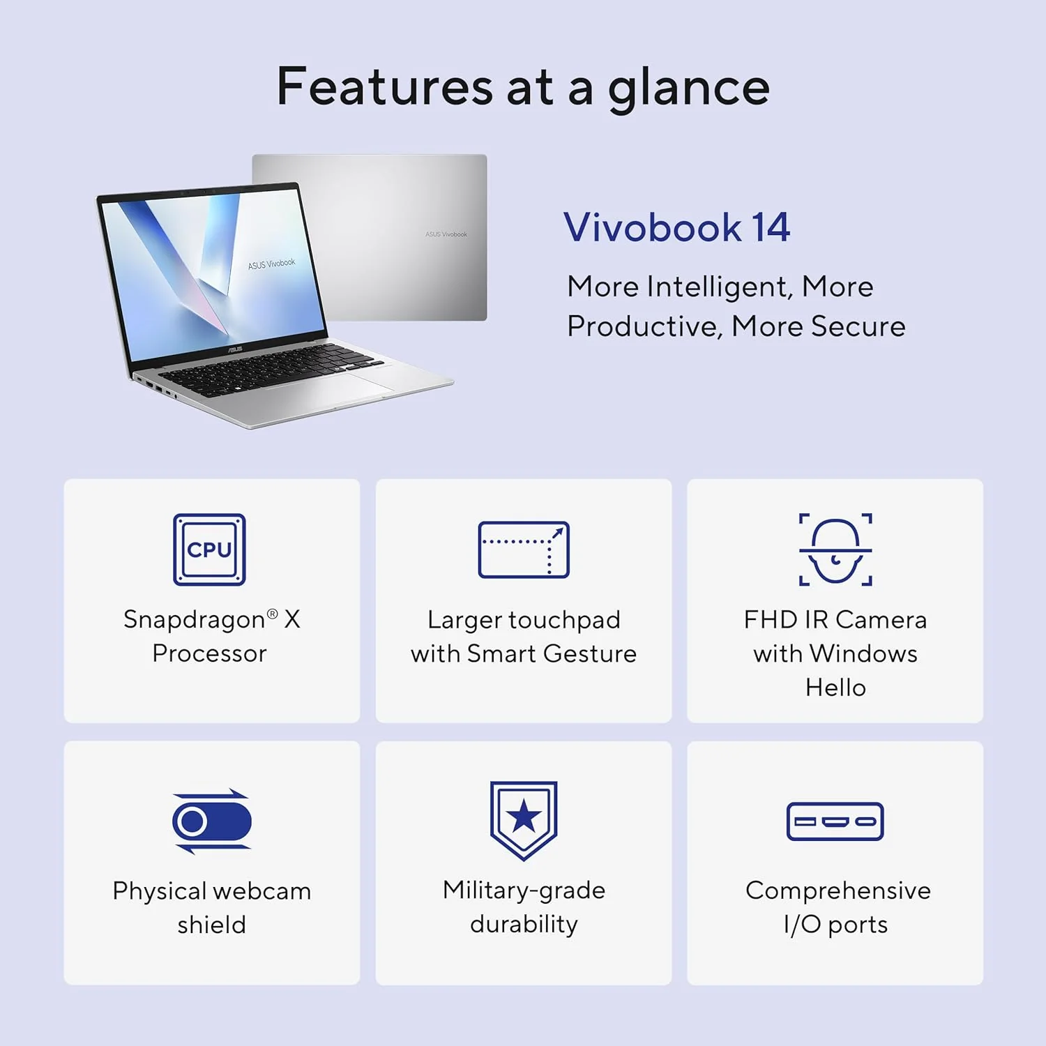 ASUS Vivobook 14 Laptop, 14” WUXGA 60Hz Display, Qualcomm Snapdragon X, Qualcomm Adreno GPU, 16GB RAM, 512GB SSD, Windows 11, Cool Silver, X1407QA-BS56